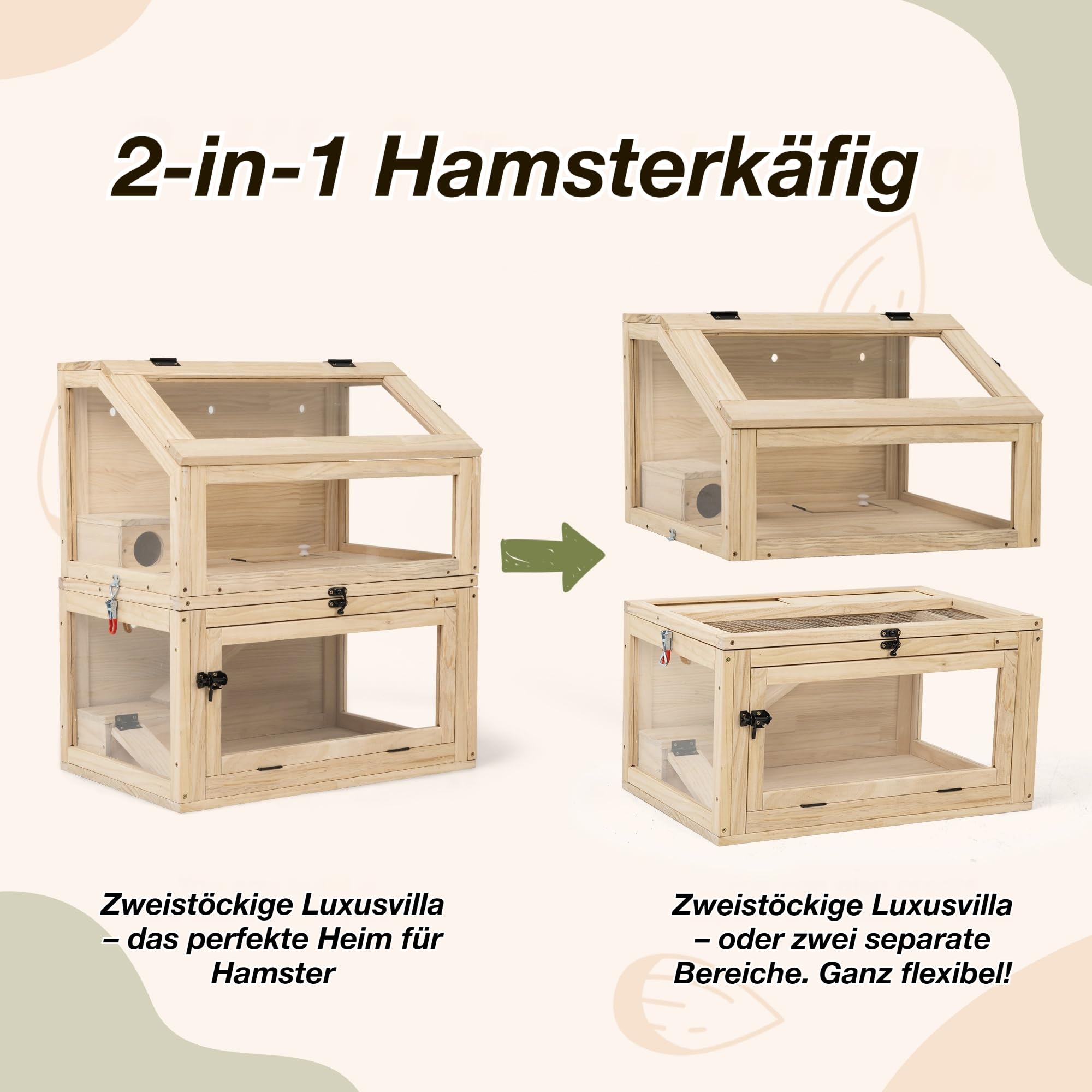 Nagarium - Jaula para hámster de dos pisos de madera natural con cristal acrílico – Grande 60 x 40 x 70 cm, jaula para ratas de libros, jaula de varios niveles con niveles separables y puertas