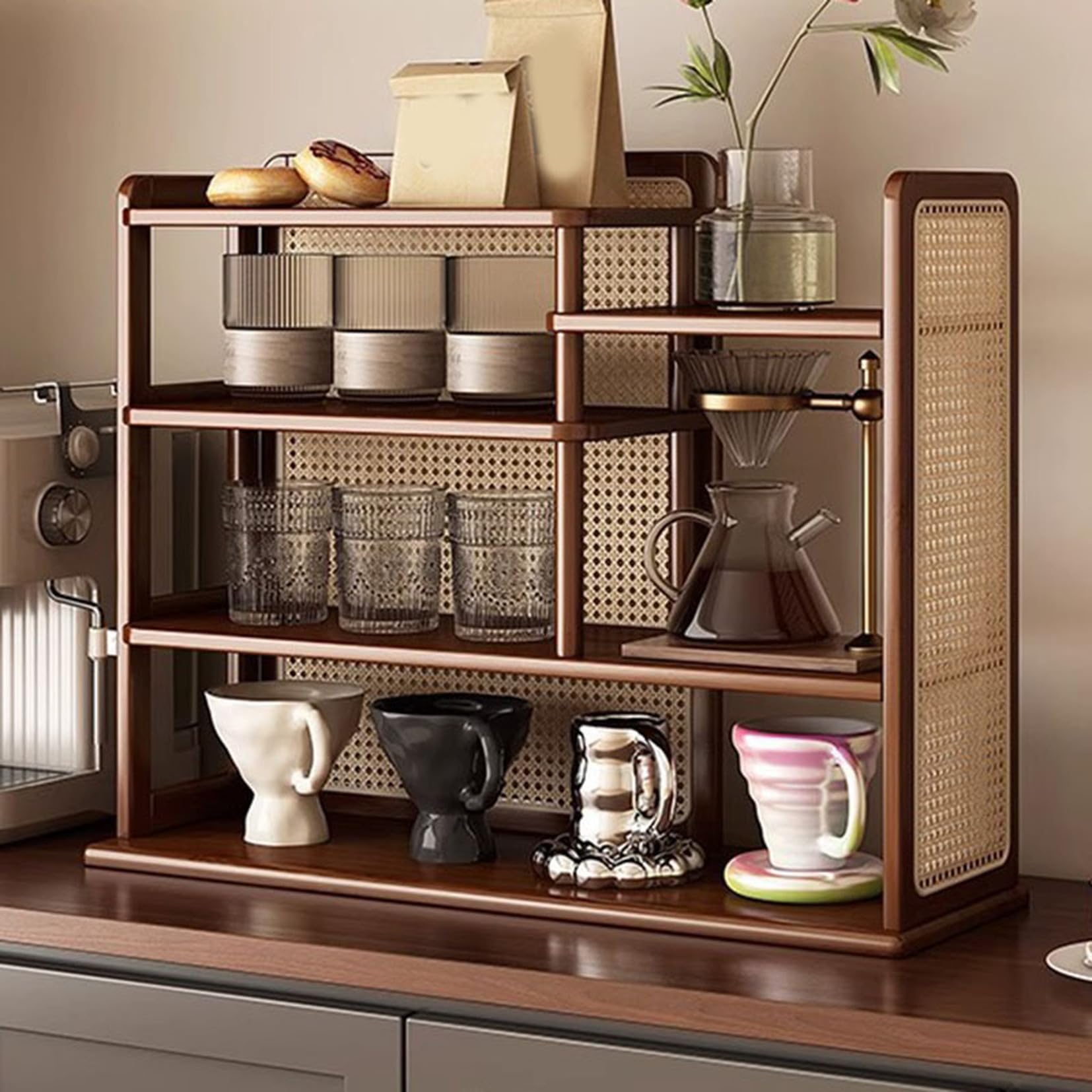 Cup Storage, Tabletop Cupboard, Cup Storage Box, Compact, Cup Drying Rack, Large Capacity, Tabletop Storage Rack, Open Rack, Coffee, Cup Shelf, Stylish, Tabletop Rack, Kitchen, 19.7 x 8.7 x 20.1 inches (50 x 22 x 51 cm), Tabletop Storage Shelf, Cup Storage Shelf, Kitchen Rack, Slim, Brown, Bamboo 50*22*51 Braun