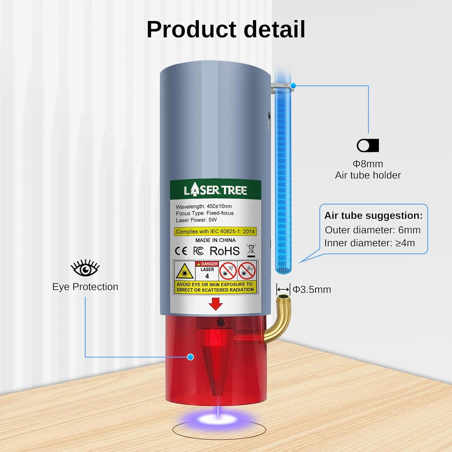 Detailed view of the laser module showing the air tube holder and suggested air tube dimensions (outer diameter 6mm, inner diameter ≥4mm).
