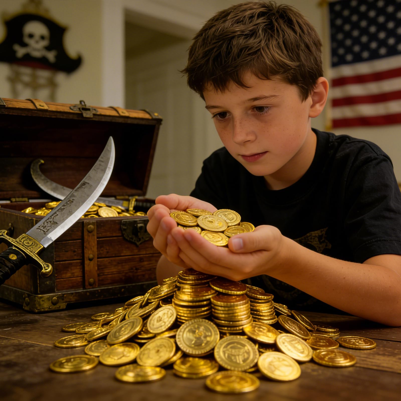 100 Piezas Piratas Monedas Juguete plástico Set | con Caja Transparente | Búsqueda del Tesoro Monedas de Oro, | Ideal para Decorar Fiestas de cumpleaños, sorteos de la Suerte, etc.