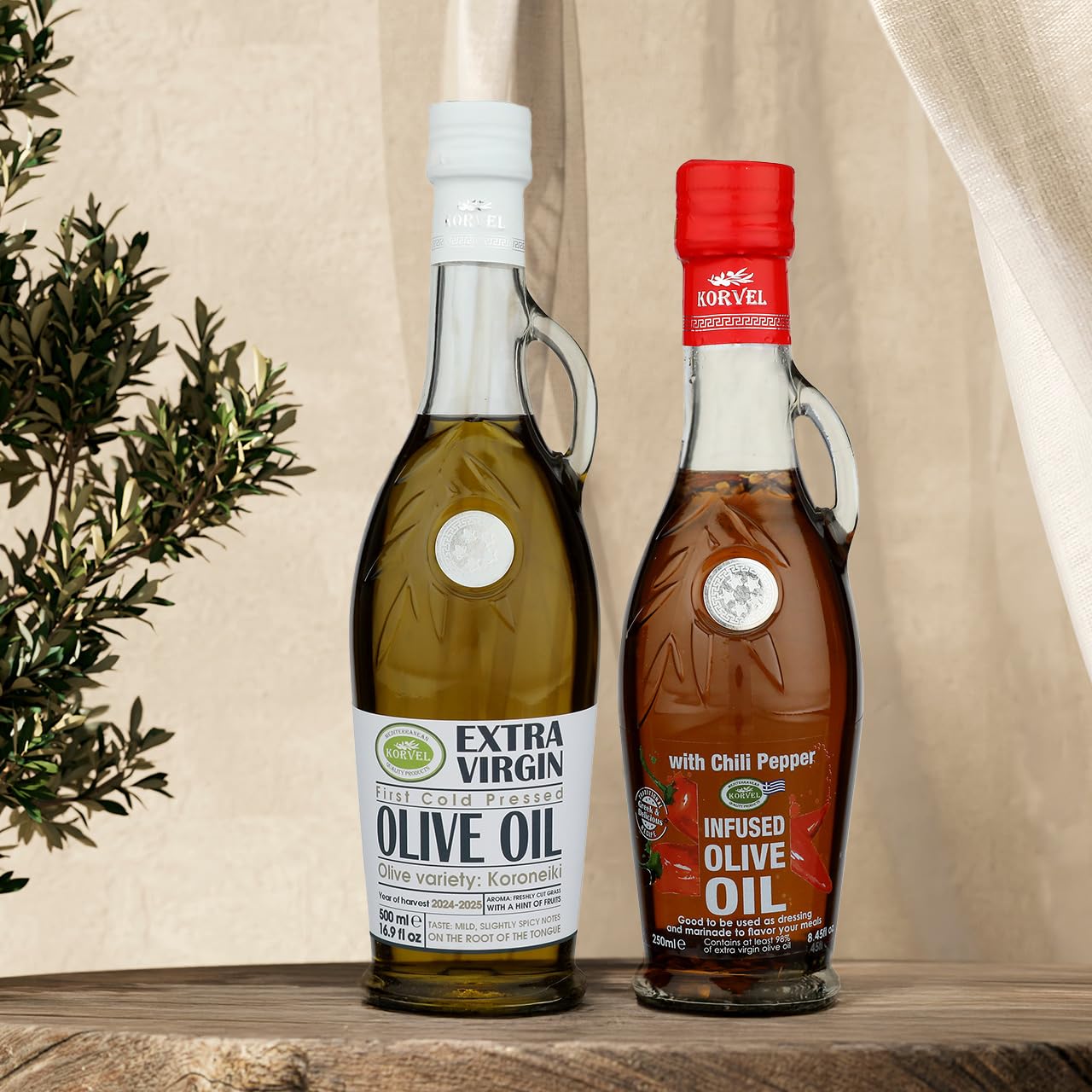 KORVEL Greek Olive Oil Gift Set – 8.45 fl oz Chili Olive Oil & 16.9 fl oz Extra Virgin Olive Oil – Amphora Glass Bottles – 2-Pack