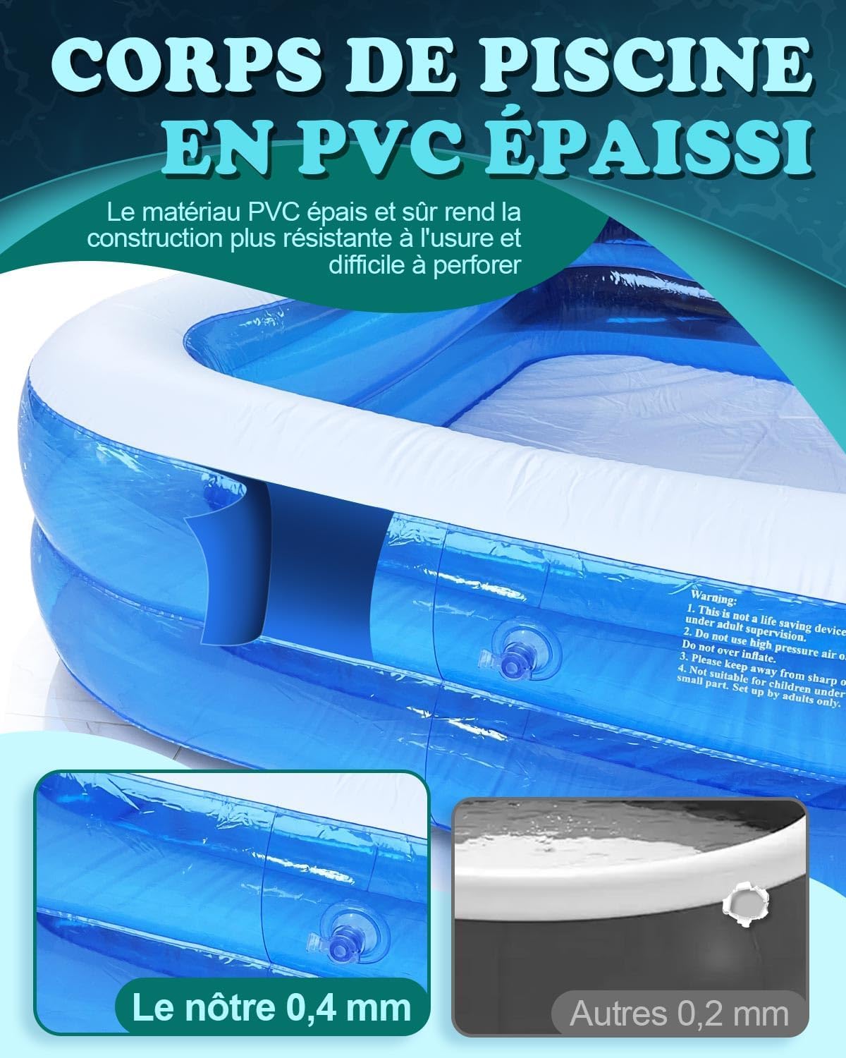ZVD Piscine Gonflable Rectangulaire, PVC Épais Résistant, Double Couche Piscine Enfant Rectangulaire pour Enfants et Adultes, Grande Piscine Familiale pour Balcon ou Intérieur, Jardin (A)