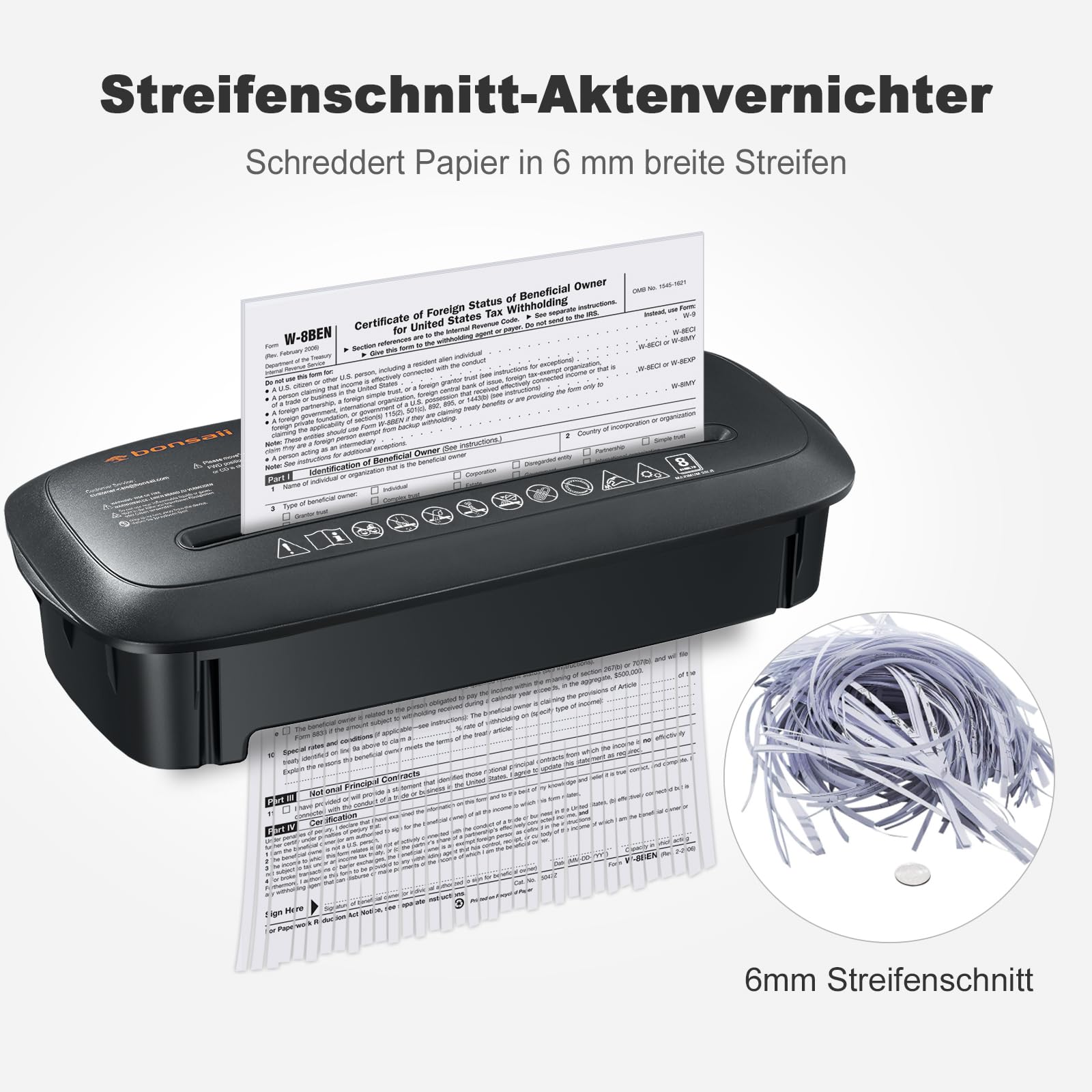 Bonsaii Aktenvernichter, 8-Blatt Streifenschnitt Papierschredder für Home Office, CD/Kreditkarten Schredder mit Überhitzungsschutz, Reißwolf, 13 Liter Papierkorb (S120-C)