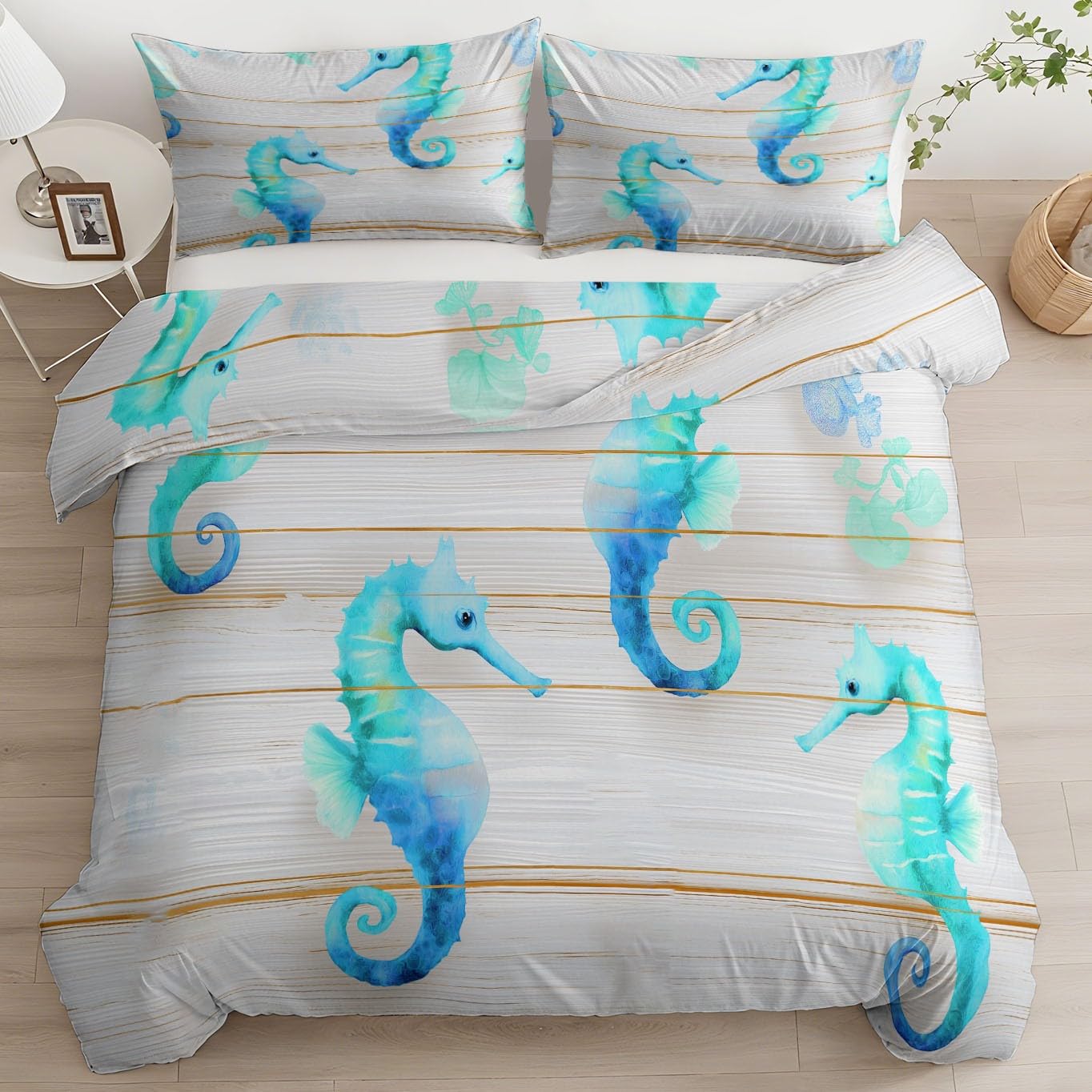 Housse de couette 200x200 microfibre douce motif hippocampe bleu parure lit qualite