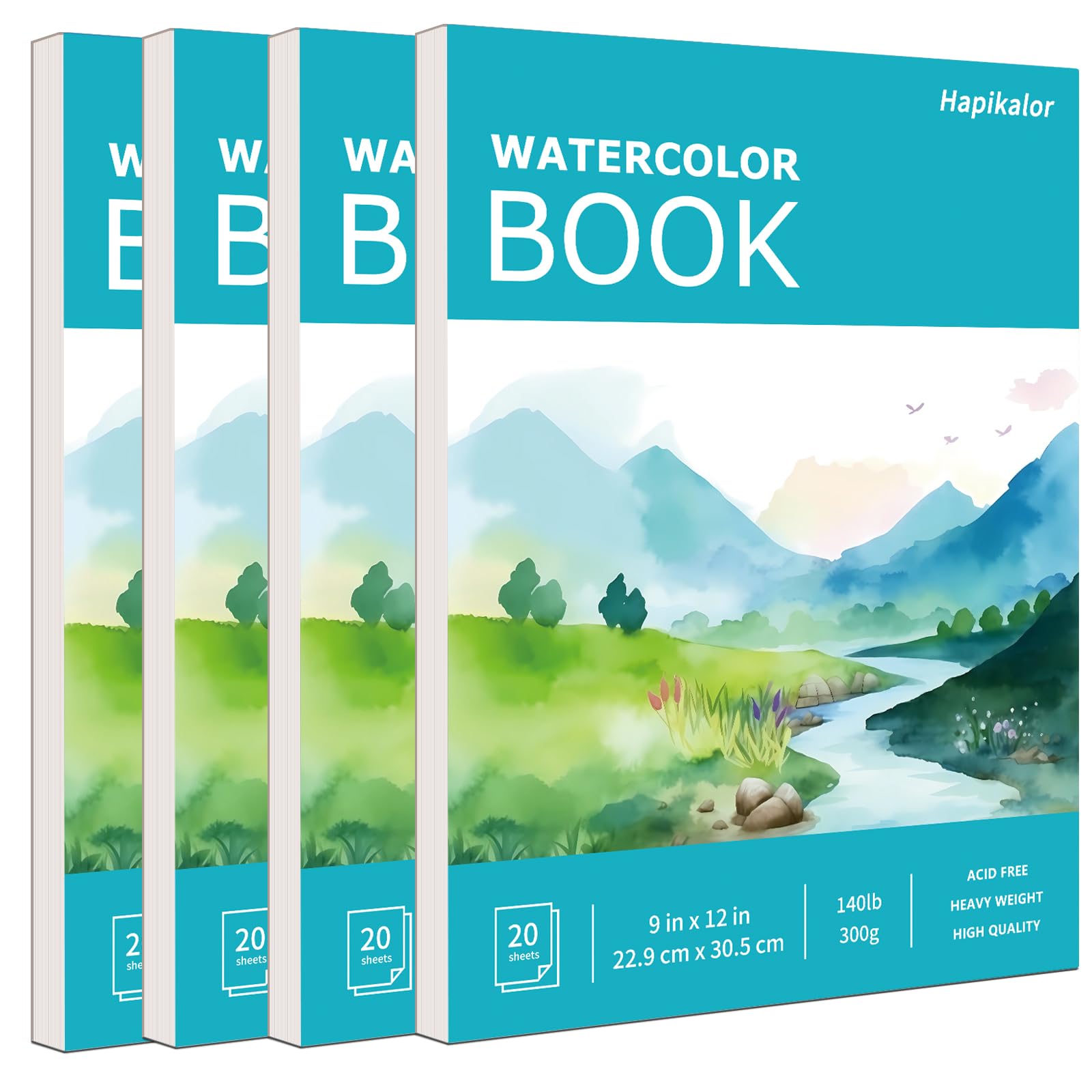 Hapikalor 4-Pack 9"x12" Watercolor Paper, 140lb/300g Water Color Paper Teal