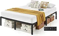 Estrutura De Cama De Metal, Cama Suspensa Casal, Com e Tomada, Suporta até 400KG, Design Moderno, Fácil de Montar, 190cm*140cm, Preto
