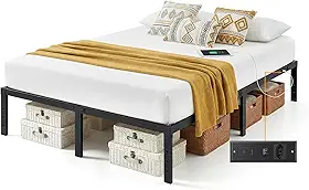 Estrutura De Cama De Metal, Cama Suspensa Casal, Com e Tomada, Suporta até 400KG, Design Moderno, Fácil de Montar, 190cm*140cm, Preto
