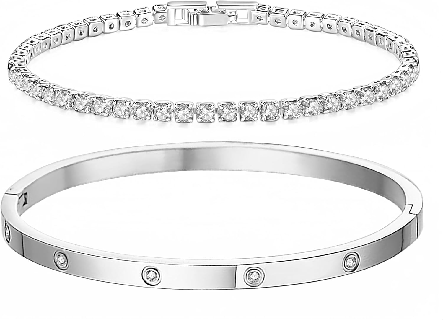 18K Gold Plated Dainty Tennis Bracelets Set 4mm/6mm Love Bangle Bracelets with 3mm/4mm Cubic Zirconia Classic Tennis Bracelet| Gold Bracelets for Women | Size 6.5/7/7.5 Inch