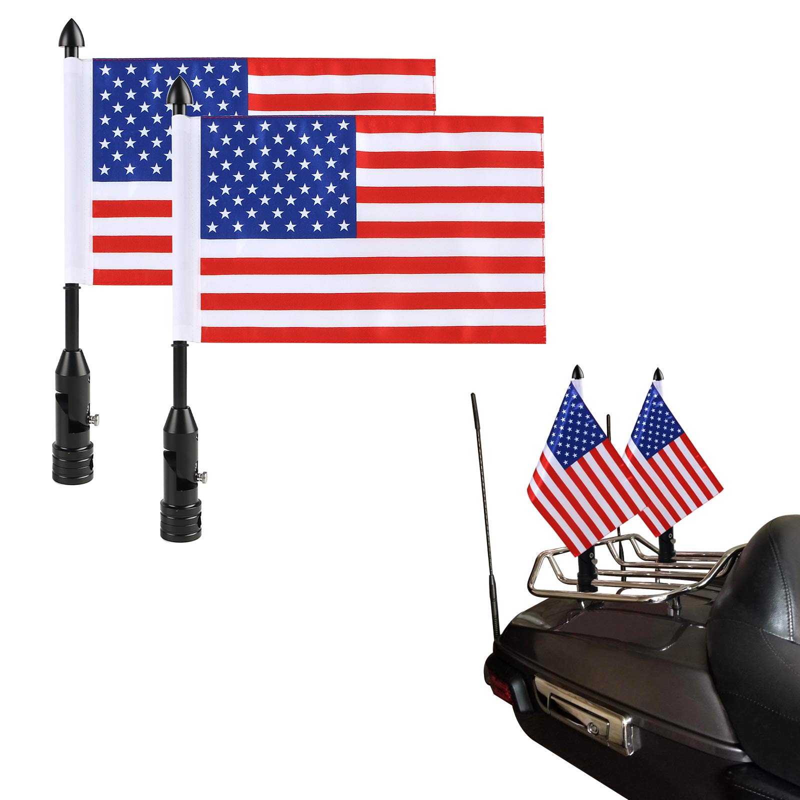 Adjustable Motorcycle Flag Pole Mount Fold Down 90° with American Flagpole Mounts Fit for 1/2" Round Luggage Rack for Harley Touring Honda Goldwing CB VTX CBR Yamaha etc.