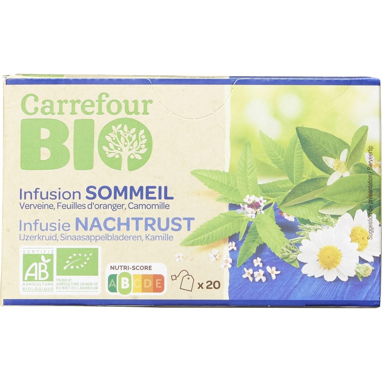 Retrouvez un sommeil apaisant avec CARREFOUR BIO Infusion Sommeil Verveine Oranger Camomille, format x20 en box - Lot de 4
