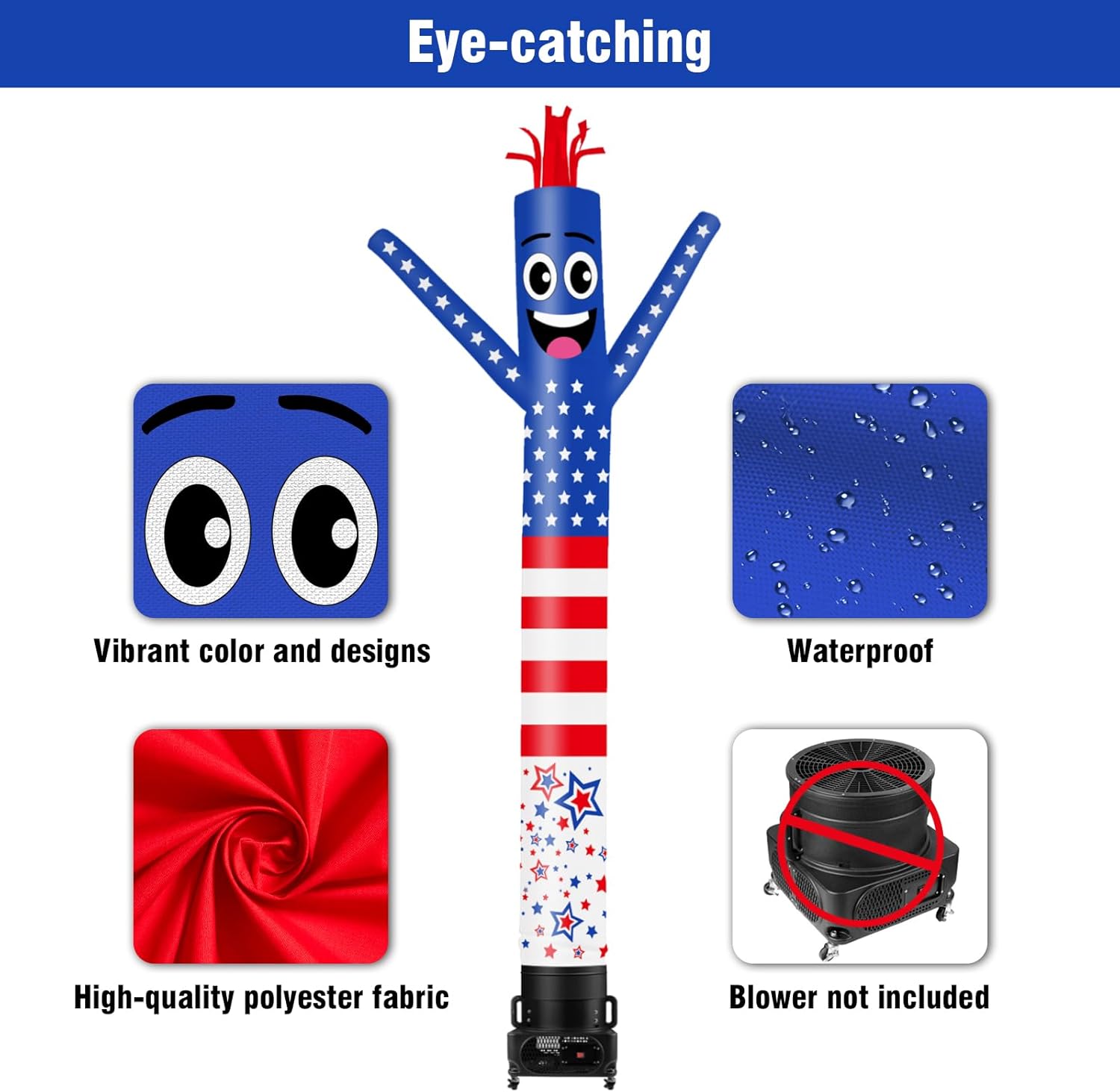 10FT Tall USA American Flag Inflatable Tube Man (12''Diameter) Wacky Wavy Dancing Guy for Outdoor Decoration Advertising Business Promotion - Independance Day (Blower Not Included)