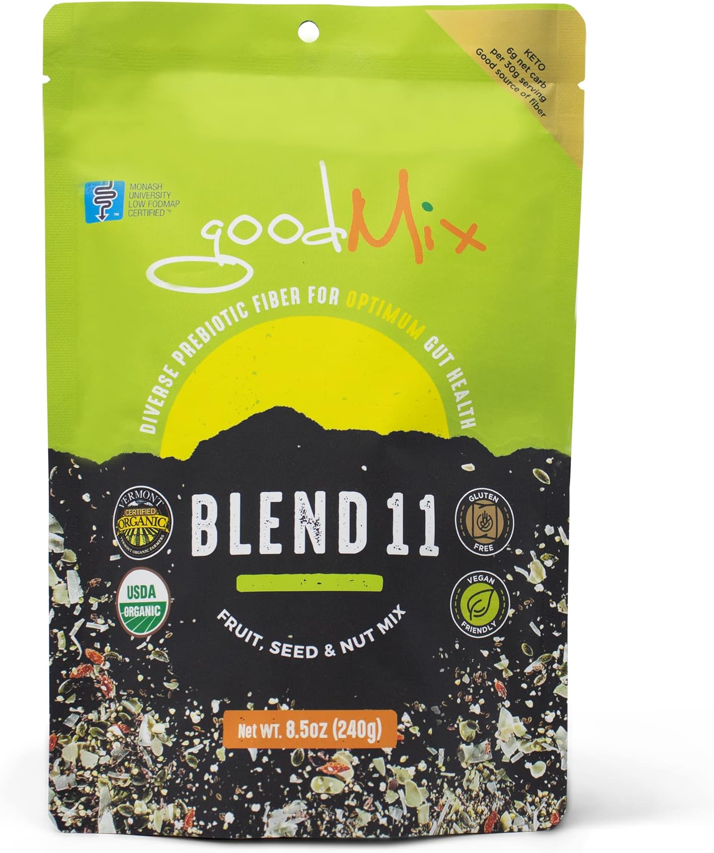Blend 11 - Low FODMAP Certified/IBS Relief Organic High Fiber Cereal - goodMix Superfoods - 8.5 oz Resealable Pack
