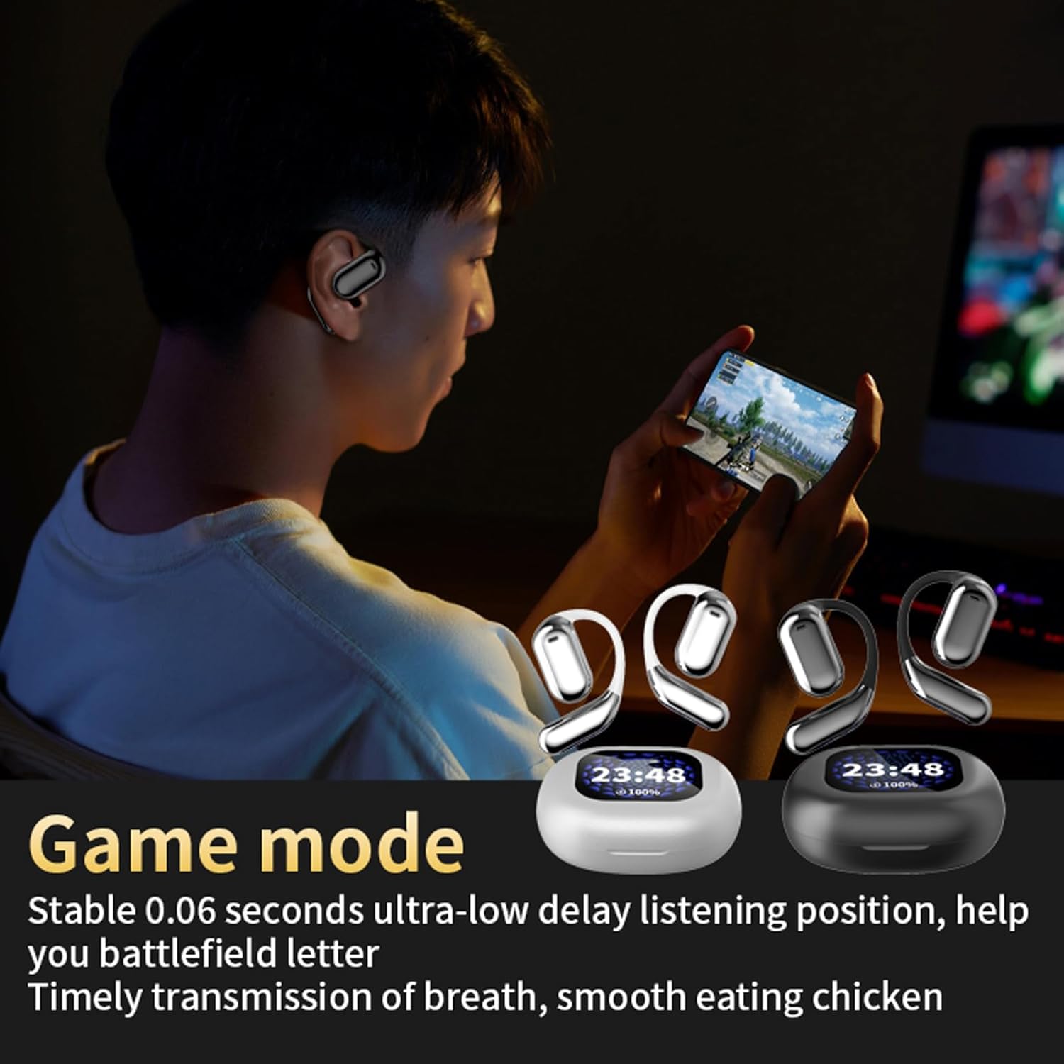 Touchscreen LCD Open Over the Ear Bone Conduction Smart Earbuds Wireless Bluetooth Earphone with Touch Screen Case and Earhooks that don't Go in Your Ear