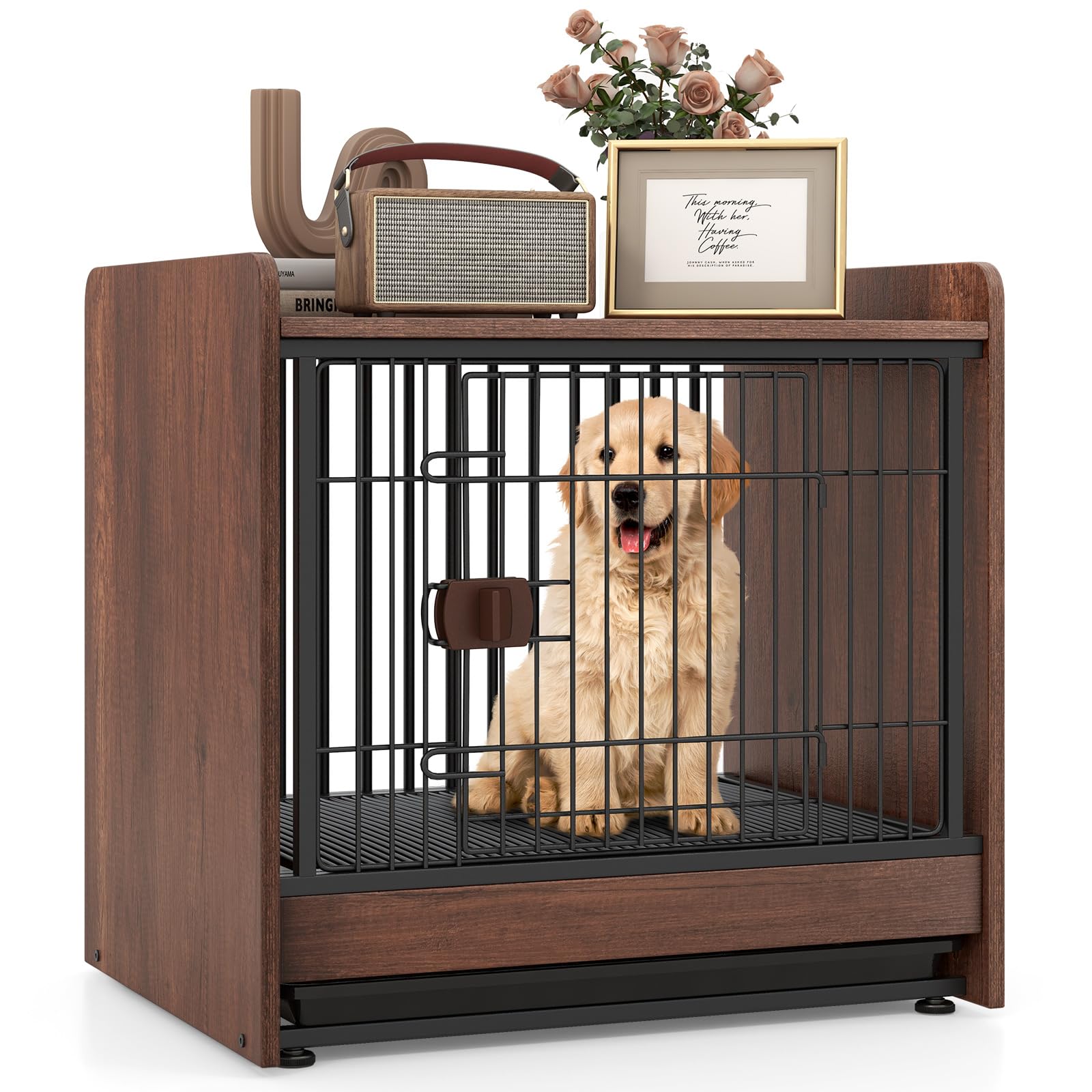 COSTWAY Dog Crate Furniture, Wooden Dog Cage with Removable Tray, Lockable Door, Indoor Pet Kennel Side End Table for Small & Medium Sized Dogs, Rustic Brown