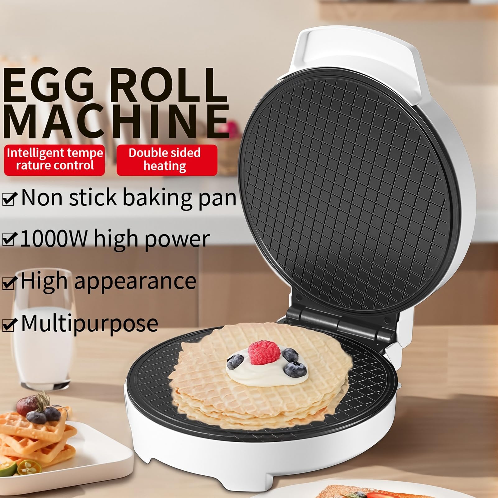 Macchina Per Coni Per Waffle Elettrica Da 1000 W, Macchina Per Coni Gelato Con Stampi Per Gelato E Rivestimento Antiaderente, Macchina Per Waffle A Bolle Di Riscaldamento Su Entrambi I Lati Per Feste