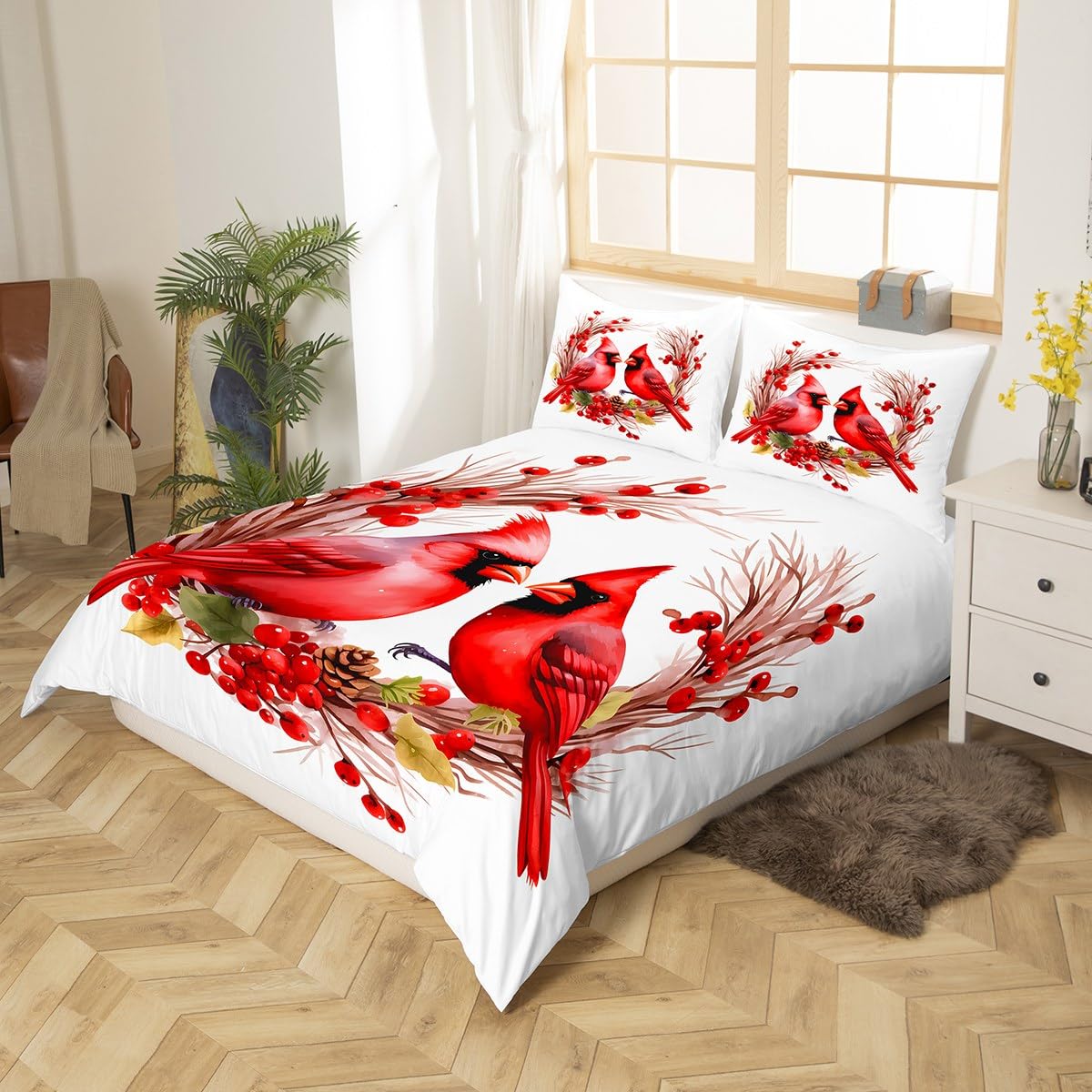 richhome Red Cardinals Bedding Set Single Size Kids Pine Cones Comforter Cover Set for Boys Girls Teens Cute Birds Duvet Cover Romantic Love Bedspread Cover Room Decorations Quilt Cover - Image 3