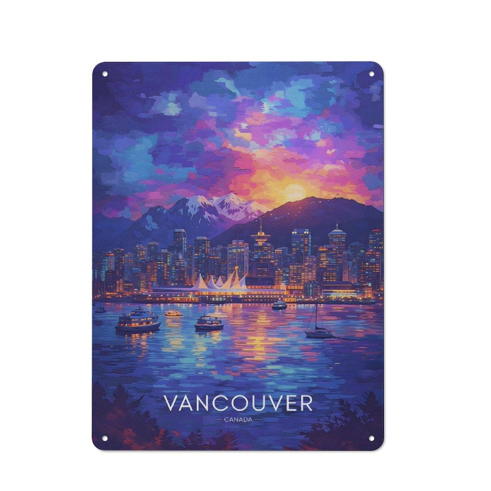 Junmoney Style-19 Metal Wall Sign 40X30cm Featuring Vancouver Cityscape At Sunset For Café Or Home Bar, For Collectors Decorating Cafés And Home Bars