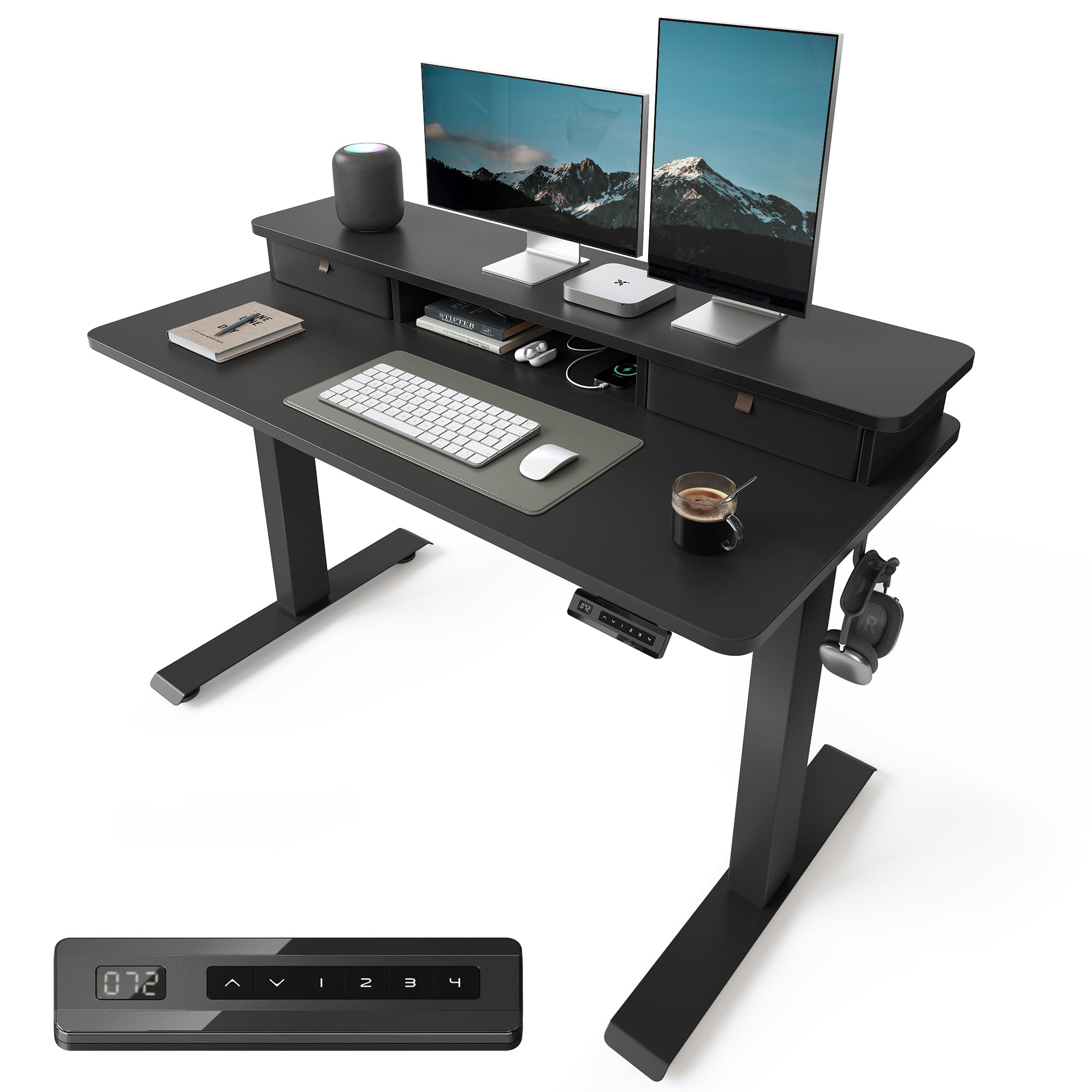 48x24 Inch Electric Standing Desk with Double Drawers, Adjustable Feet & Hooks, Ergonomic Home Office Workstation, Black