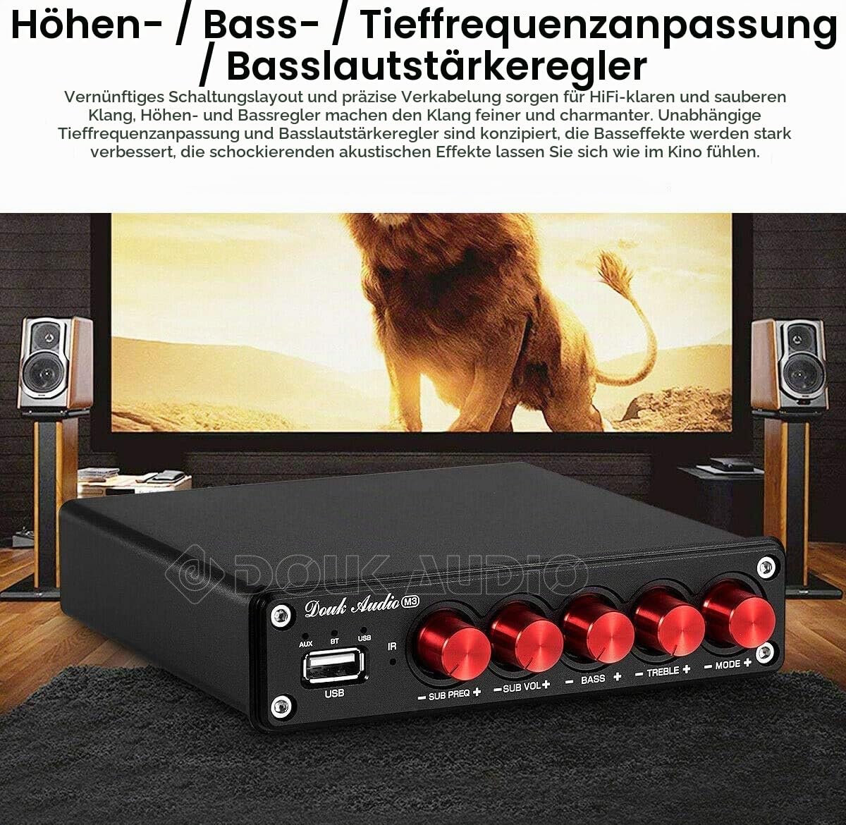 Douk Audio M3 Bluetooth 5.0 Verstärker Stereo Audio Receiver 2.1 Channel Mini Hi-Fi Amplifier Class D with 50 Watt x 2 + 100 Watt for Home Outdoor Passive Speaker/Subwoofer & Active Subwoofer