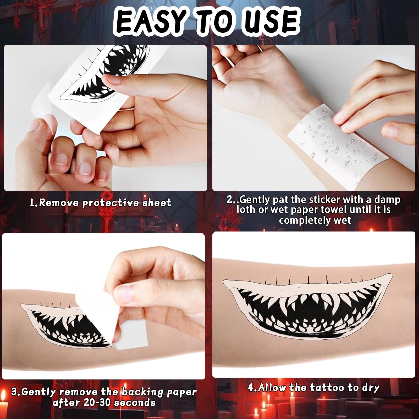 Tatuajes Temporales De Halloween Para La Boca – Pack De 10 Pegatinas De Cara Con Efecto 3D, Impermeables Y Fáciles De Aplicar