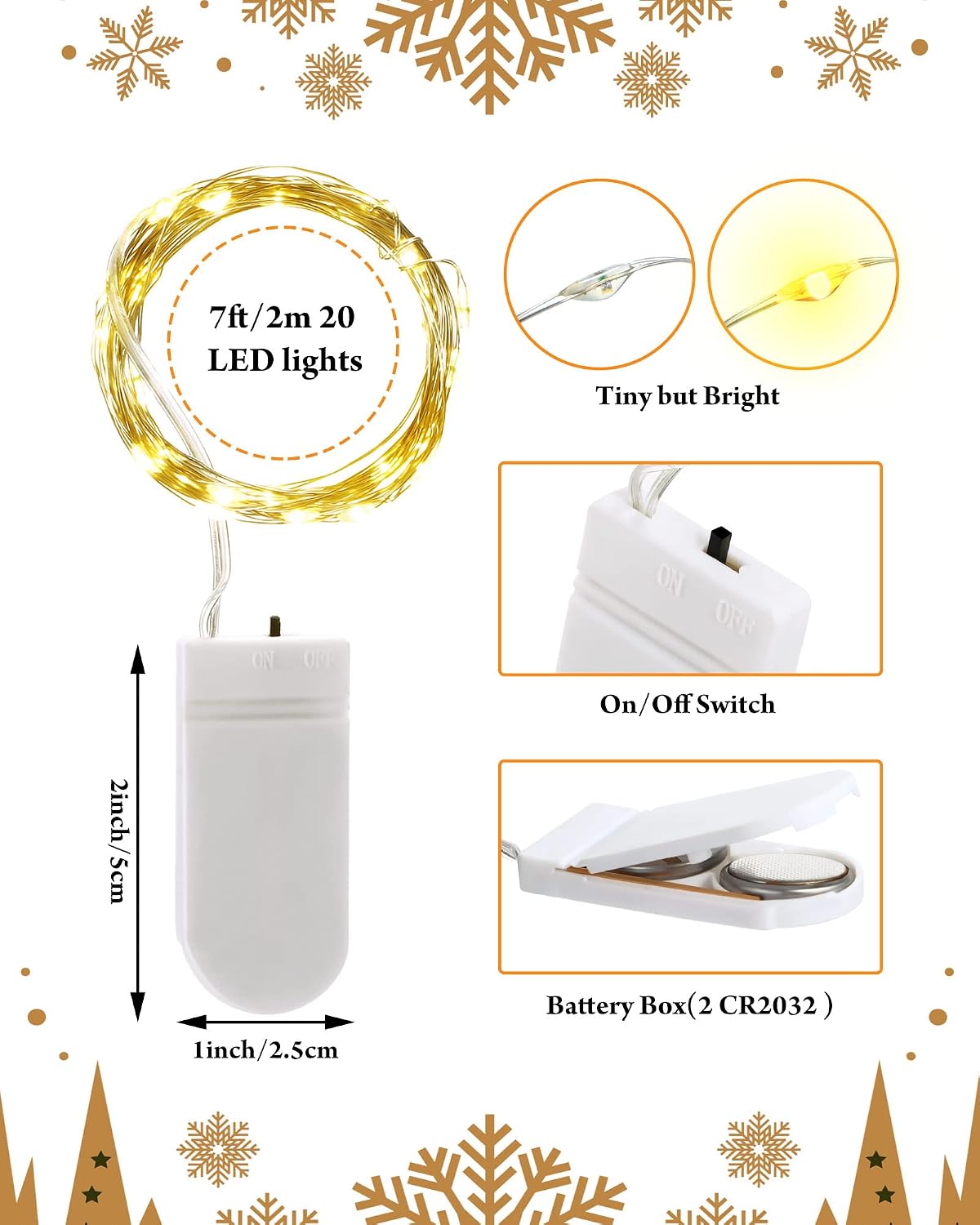 50 Pieces LED Fairy Lights Battery Operated LED String Lights Flexible String Lights 7 Feet 20 LED Fairy Lights Waterproof LED Lights for Christmas Decorations DIY Wedding Bedroom Party (Warm White)