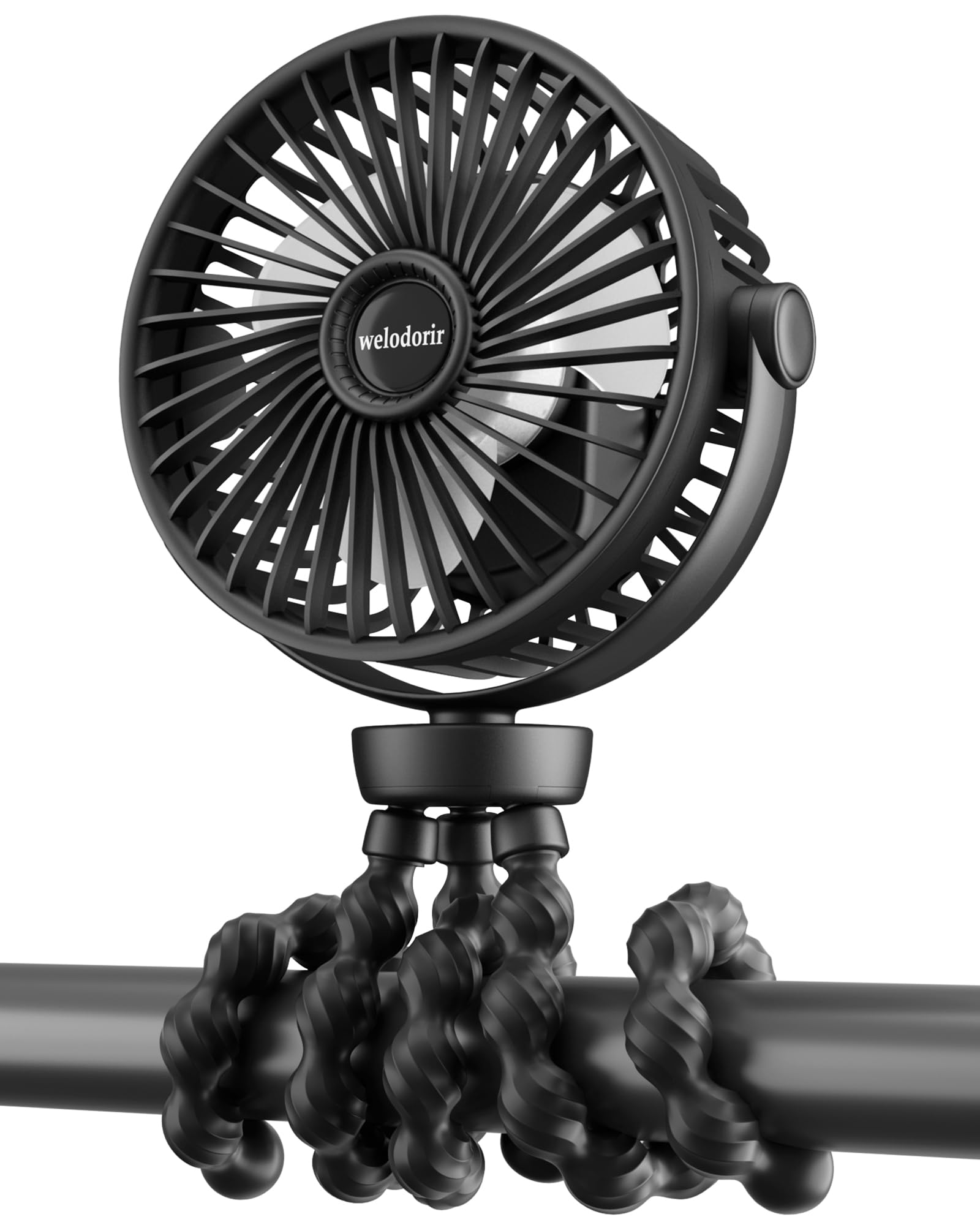Ventilatore portatile per carrozzina, ricaricabile da 5200 mAh, con treppiede flessibile girevole a 360° e porta TYPE-C, 3 velocità, mini ventilatore USB piccolo con clip, portatile e da scrivania
