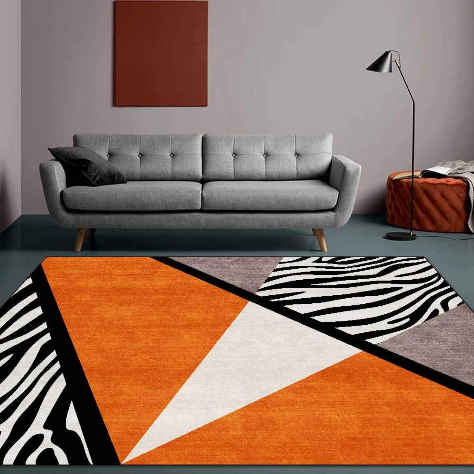 Light Luxury Orange Gold Lines Area Rug, Black and White Abstract Zebra Stripes Indoor Rug, with Anti-Slip Backing Washable Large Carpet for Living