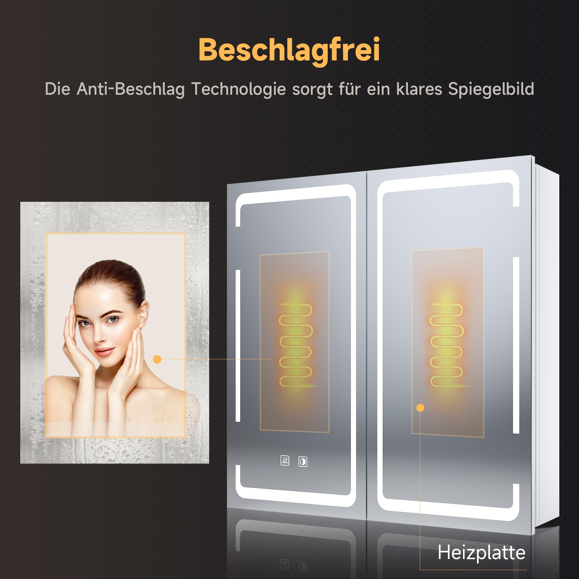 SONNI Szafka łazienkowa z lustrem LED, 60 x 59 cm, metalowa szafka z lustrem z dotykowym włącznikiem, 3 kolory światła + defogging, bezprzewodowy zawias, biała, łazienka, szafka medyczna