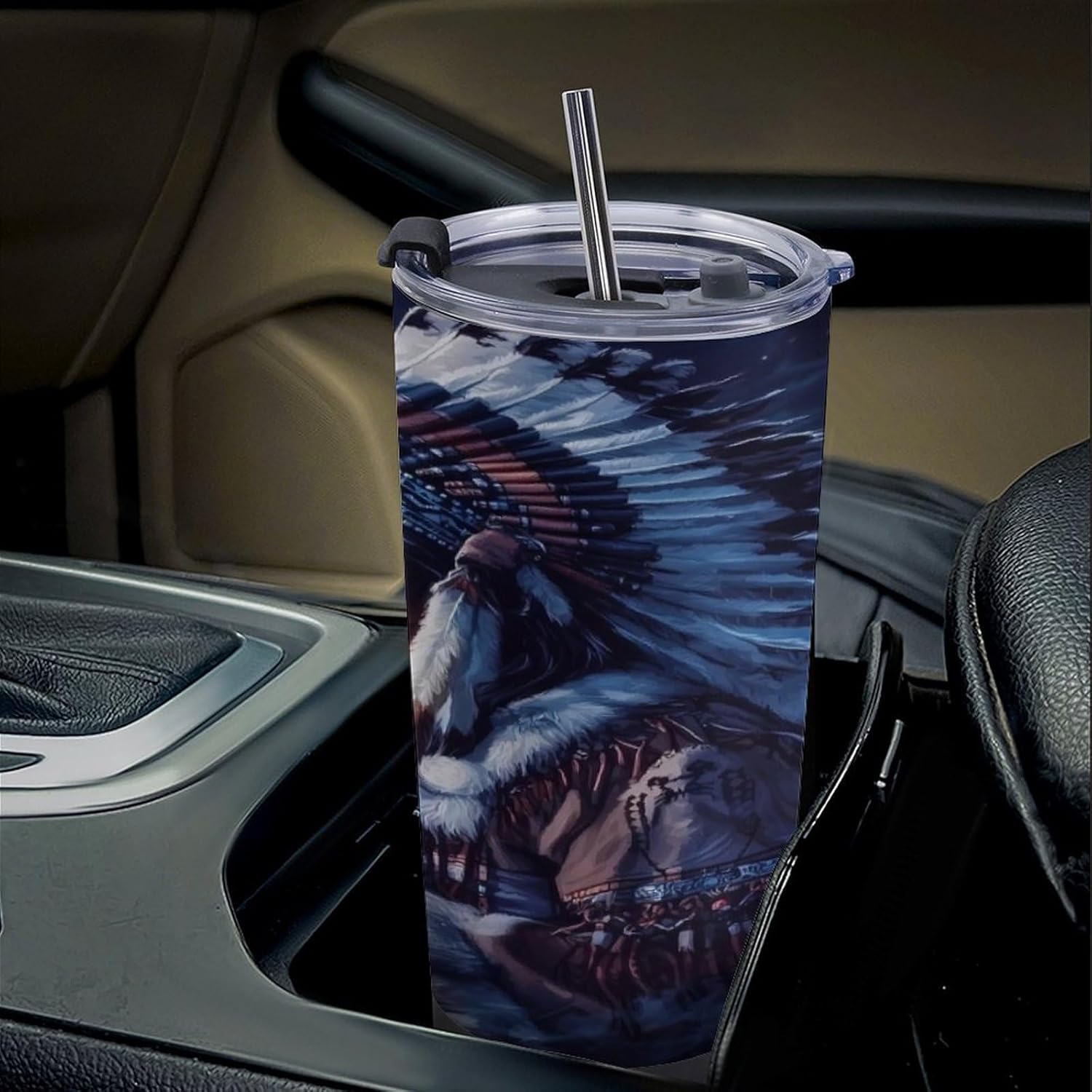 Native USA Indian Moon Wolf Travel Coffee Mug Stainless Steel Insulated Tumbler Water Bottle Tea Cup for Home Office
