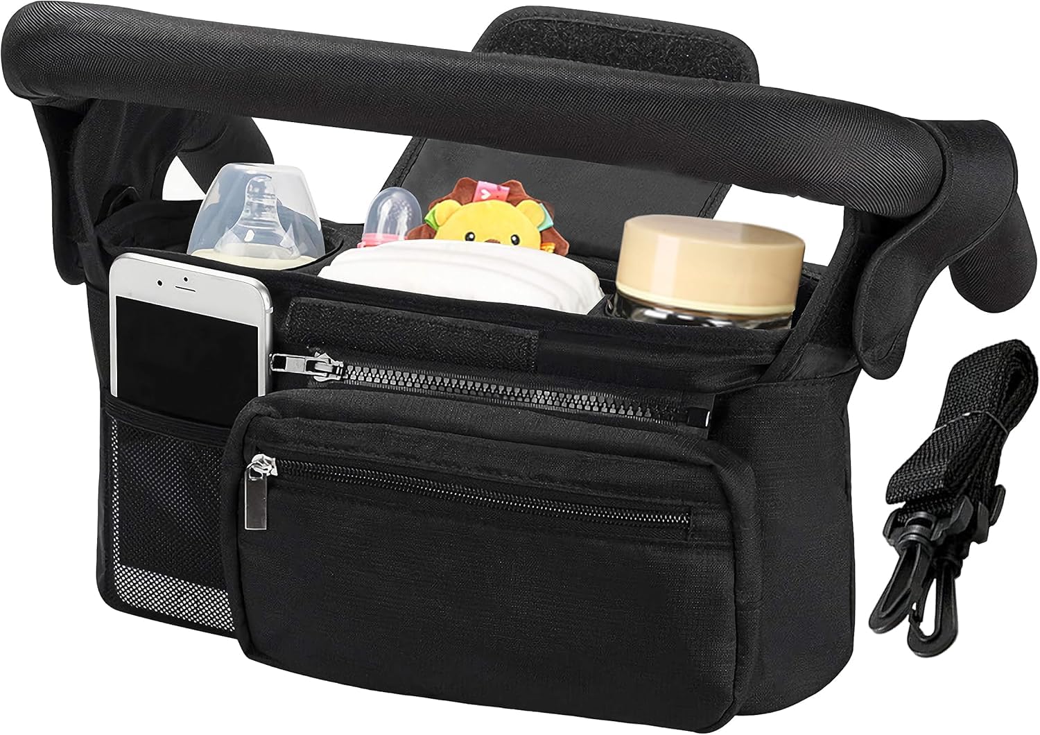 PAIKIUU Pram Organiser Bag Pushchair Organiser Buggy Organiser Bag Stroller Organiser Bag with 3 Insulated Cup Holder Zippered Pocket Adjustable Shoulder Strap for Any Pram Handlebar