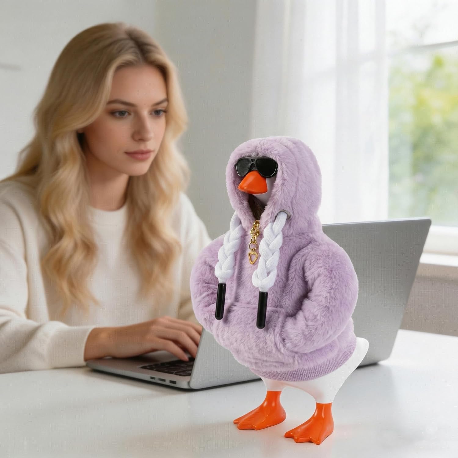 7inch Desk Goose Outfits, Desktop Goose Clothes with Sunglasses & Necklaces, Plush Hoodie Set for Magnetic Goose Statue image 5