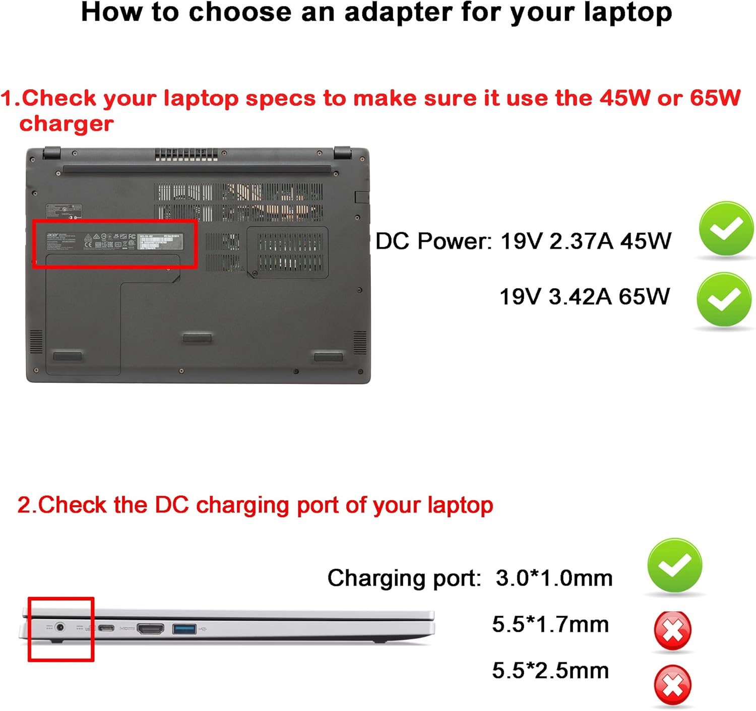 65W Charger Compatible with Acer Aspire Go 15 14 AG15-31P AG14-21P 3 5 A315-55 A315-58 A317-22 A514-56 A517-58 A515-55 A517-54 A315-22 Swift 3 5 Laptop Power Supply (3.0 * 1.0mm Connector)