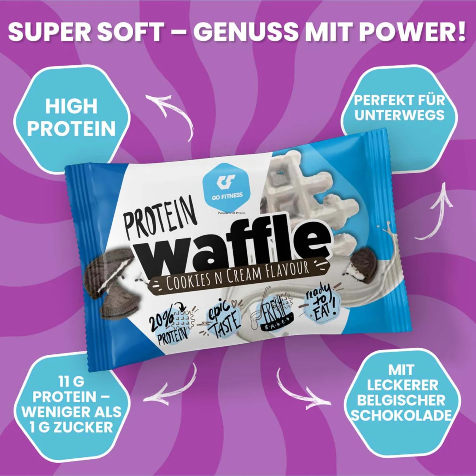 NEUE REZEPTUR - GO FITNESS – 50g High Protein Waffeln Haselnuss (12 Stück) | extrem lecker & frisch gebacken | gesunde Süßigkeiten zum Muskelaufbau | Eiweißriegel 12g Protein | Low Carb Snacks