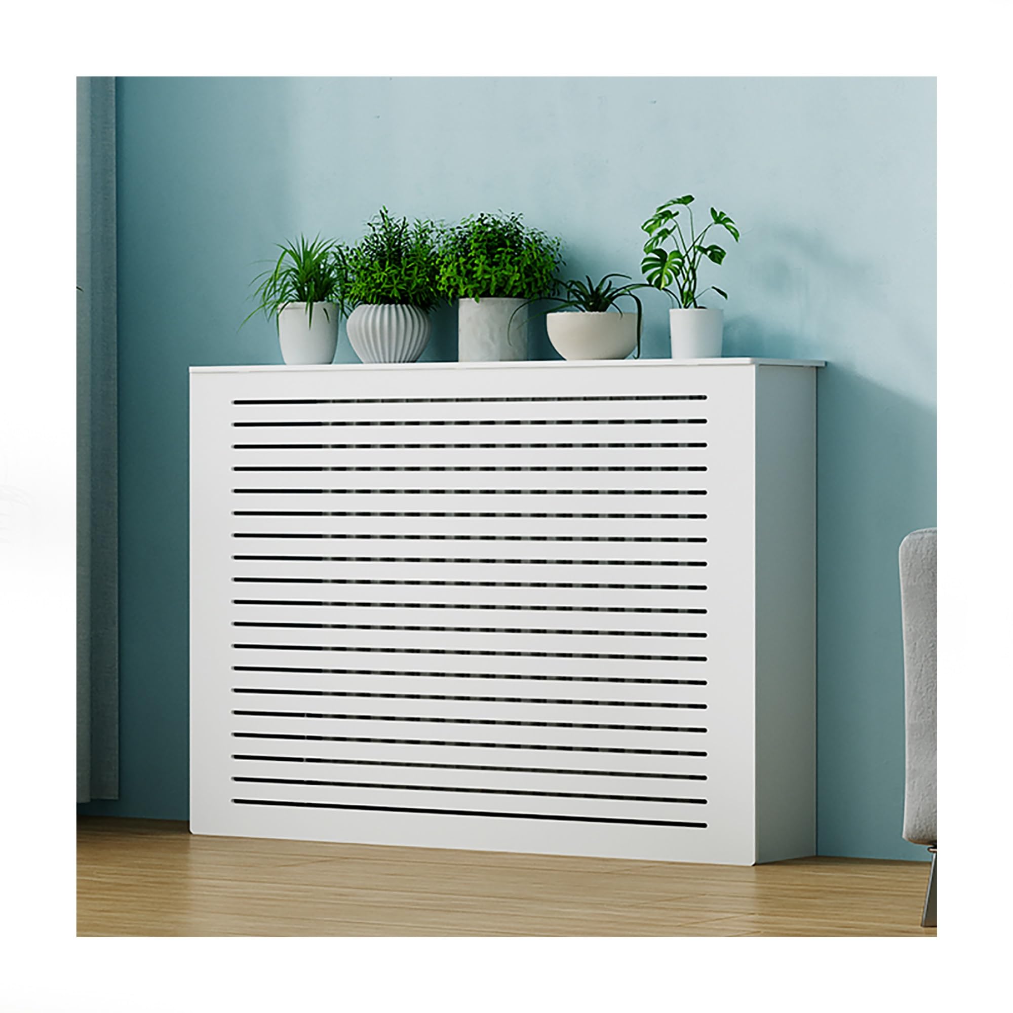 Cubre radiadores moderno de madera blanca con estante organizador de 70x70x25cm