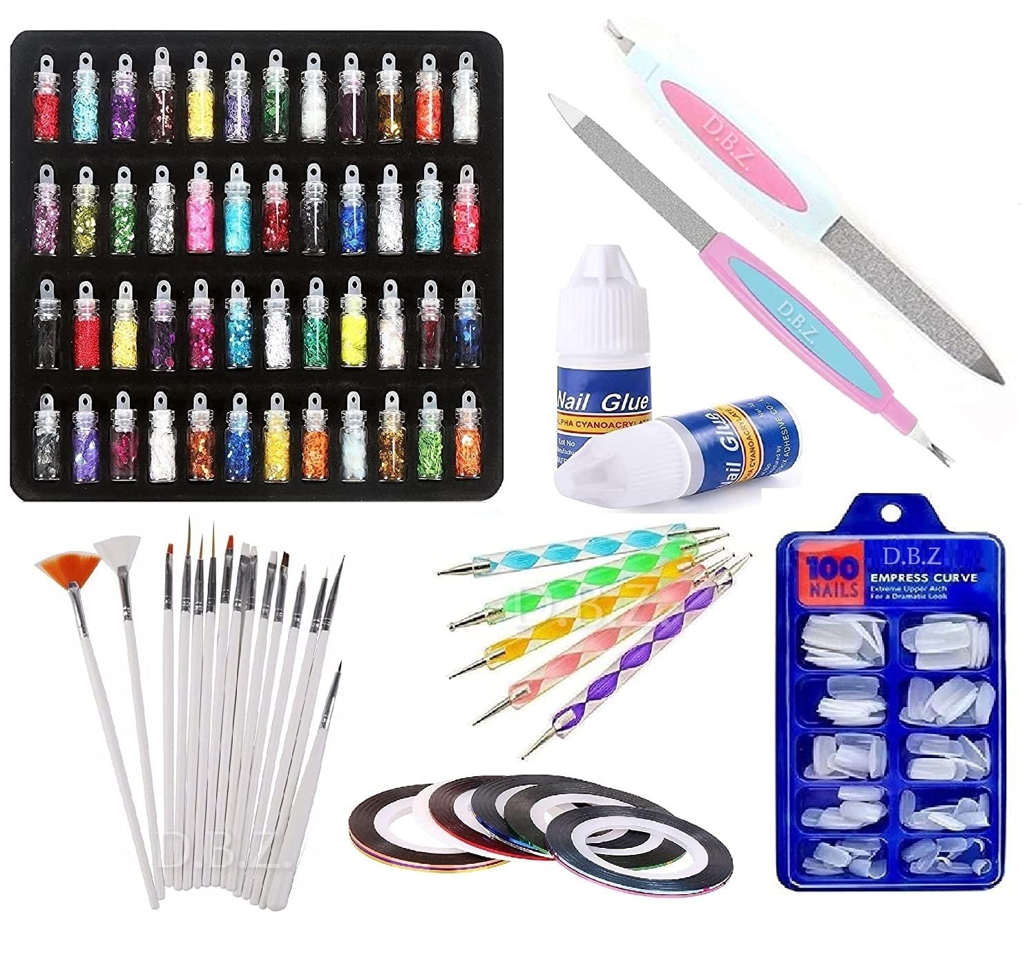 D.B.Z. Nail Art Kit with , 100 Nails,15 Pcs Nail Art Brush,5 pcs Nail Dotting Tools,48 Pcs 3D Nail glitter bottles,10 Round Nail Tapes,2 Nail Glue & 2 Pc Nail Filer – (182 Pcs Combo)-image-15