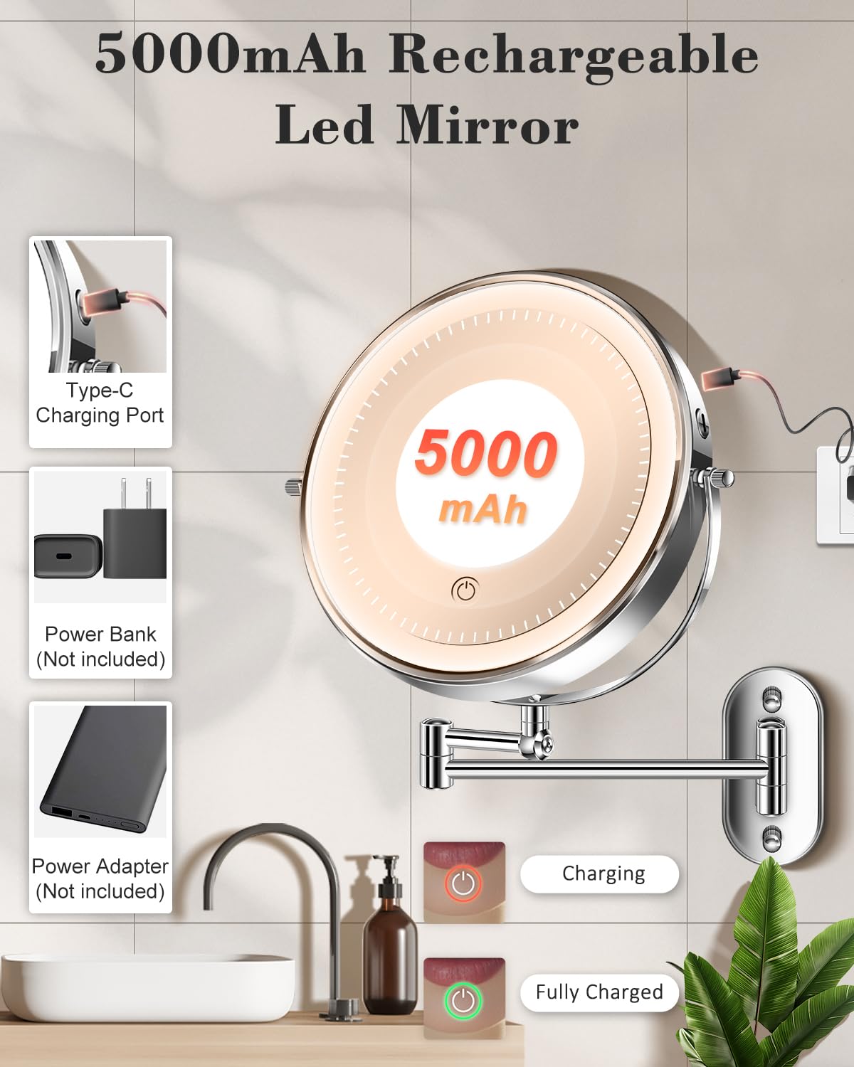 9-Inch Wall-Mounted Lighted Makeup Mirror, 30X/1X Double-Sided Magnifying