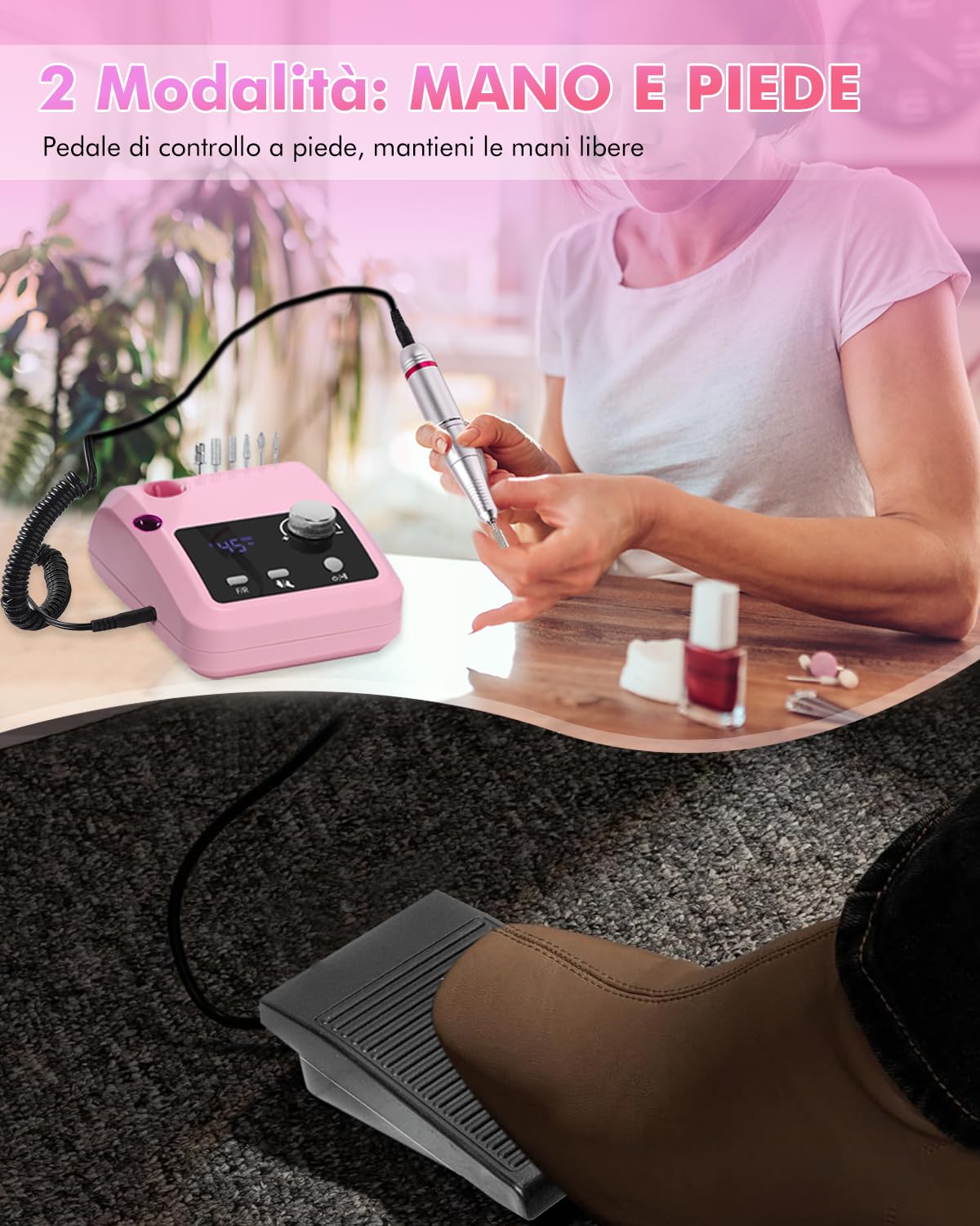 CozyZen Lima Elettrica per Unghie 45000 RPM | Display LCD, Controllo Manuale e Pedale, Silenziosa per Acrilico, Gel, Manicure e Pedicure - Uso Salone e Casa