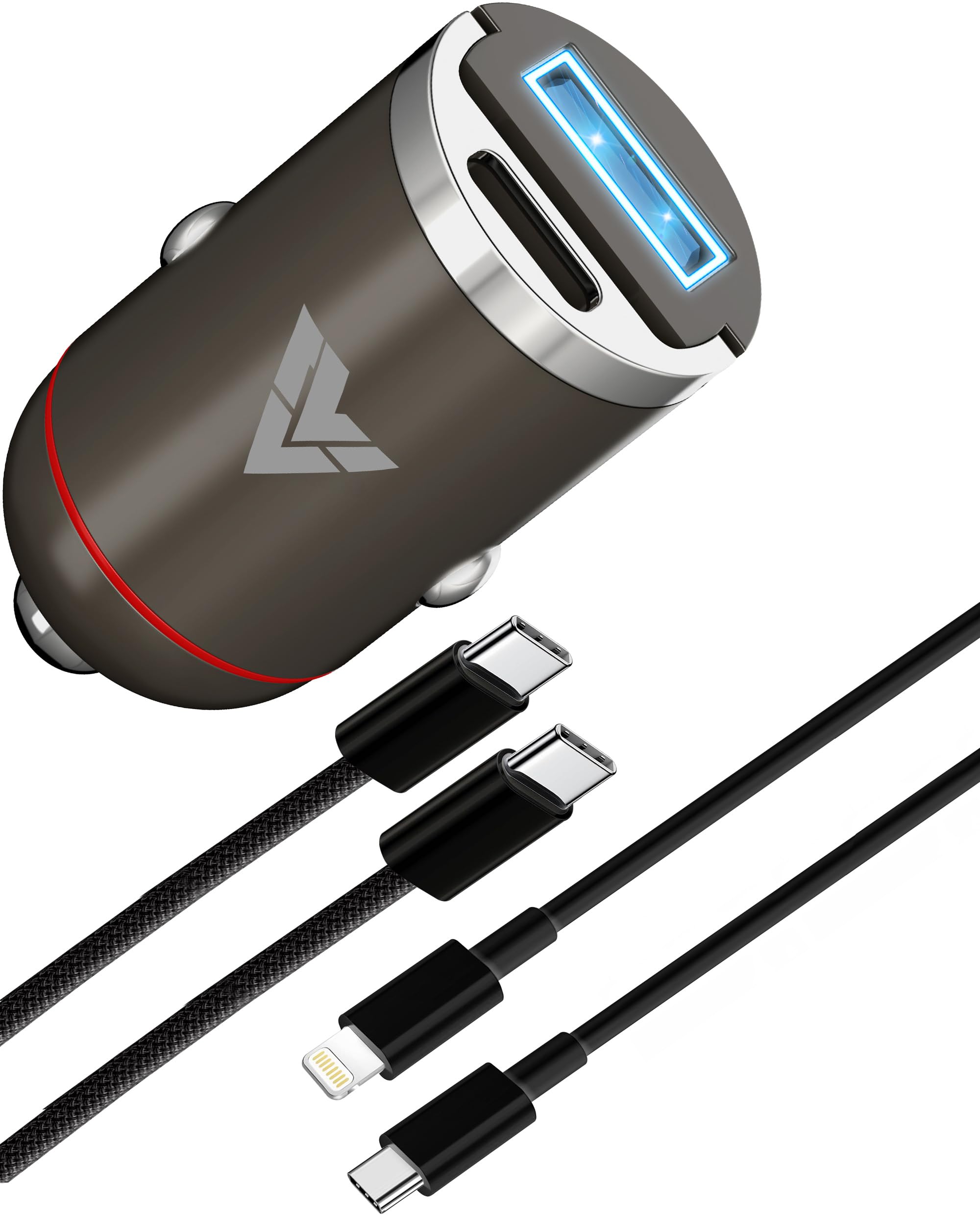 DR VAKU® 65W Car Charger Dual Port Output Fast Charging for iPhone 15/14/13 All Series & Android Phones with Nylon Braided Type C Data Cable + Lightning Data Cable (1 Charger + 2 Cable)-image-45