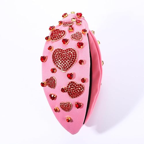 Miniatura 5 de Diadema para el día de San Valentín para mujer, con cuentas de diamantes de imitación, diadema anudada con corazón rojo y rosa, adorno de cristal,