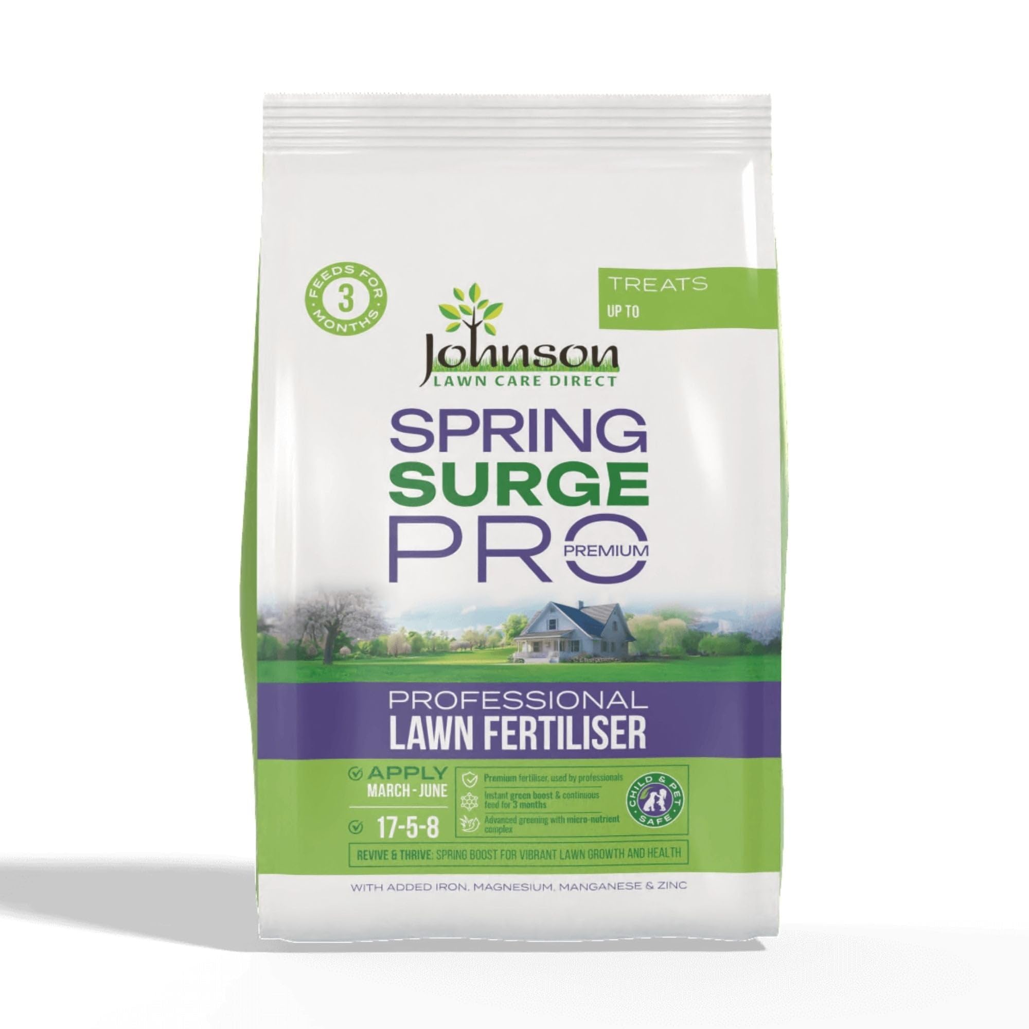 Professional Spring Lawn Fertiliser - Spring Surge Pro - [17:5:8] High Nitrogen Lawn Feed : Professional Grade Pet Friendly Fertilizer - Long lasting - Feeds up to 200m2 for 3 months