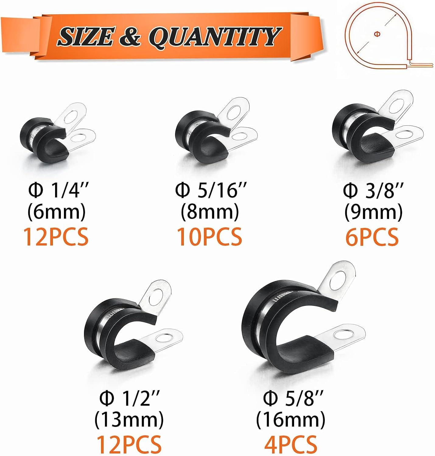 44PCS Cable Clamps Assortment Kit, Camtek Stainless Steel Rubber Cushion Pipe Hose Clamps Rubber Cushioned Fuel Line Hose Water Pipe Air Tubing - 5 Sizes 1/4'' 5/16'' 3/8'' 1/2'' 5/8''