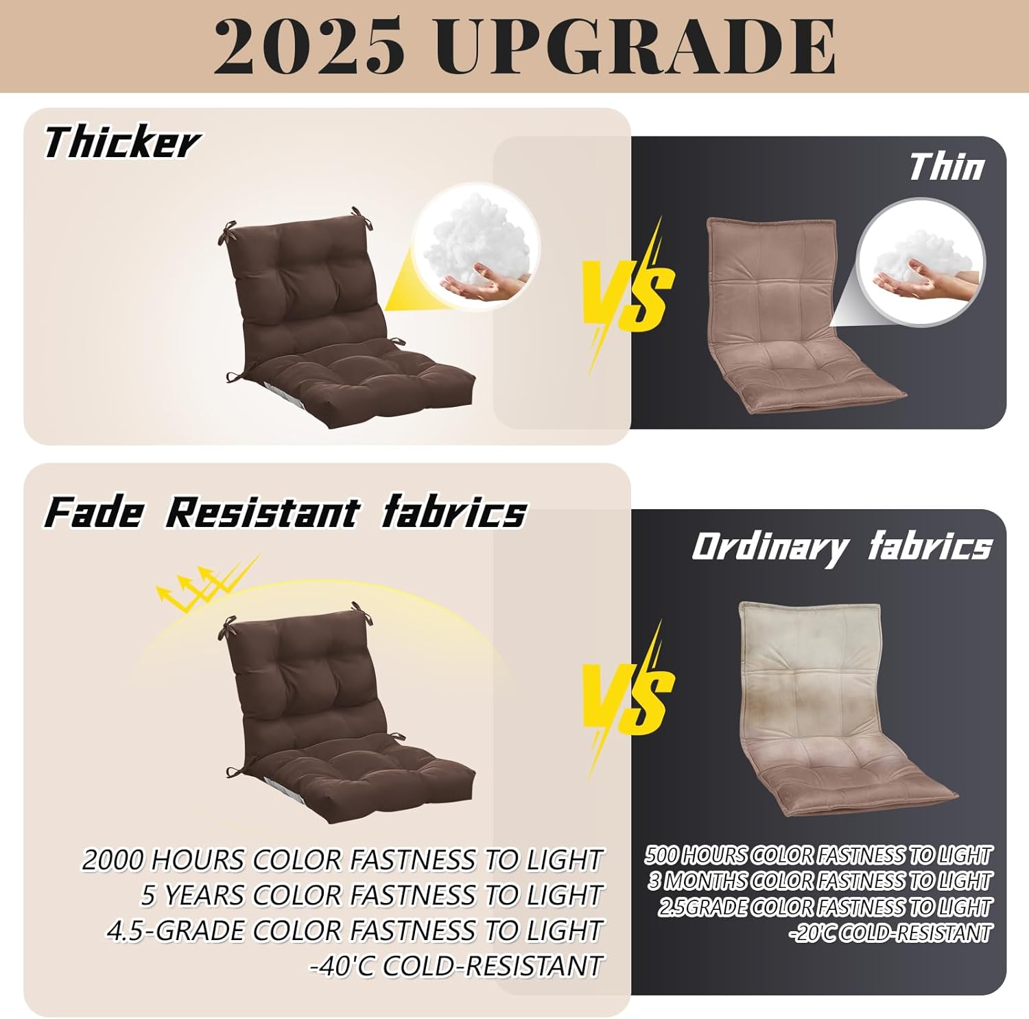 marsui 4 pcs outdoor indoor high back chair cushions patio furniture tufted pillow with ties water-resistant replacement outdoor rocking chair cushions, 42 x 21 inches (brown,solid color) 4 brown solid color