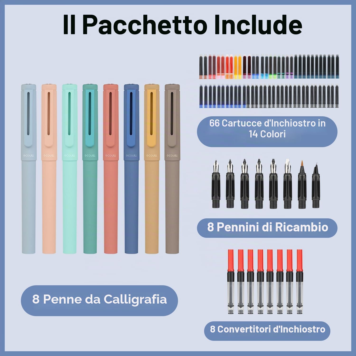 8 penne stilografiche calligrafiche con diversi pennini, 66 cartucce d'inchiostro (14 colori) - Esercizi di scrittura, disegno, calligrafia per principianti GC-F866