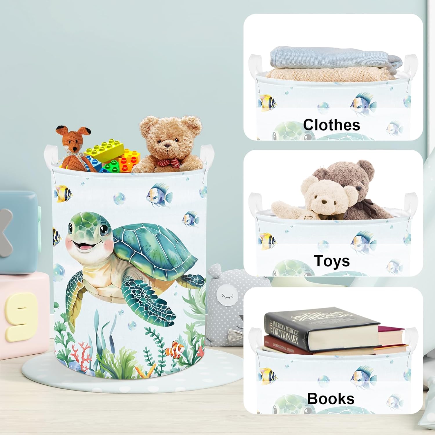 Clastyle Large Fish Sea Turtle Baby Basket Ocean Coral Seaweed Starfish Toy Book Shelf Basket Waterproof Pool Toy Beach Towel Storage Bin Collapsible Dirty Clothes Hamper, Blue, 36*45 cm