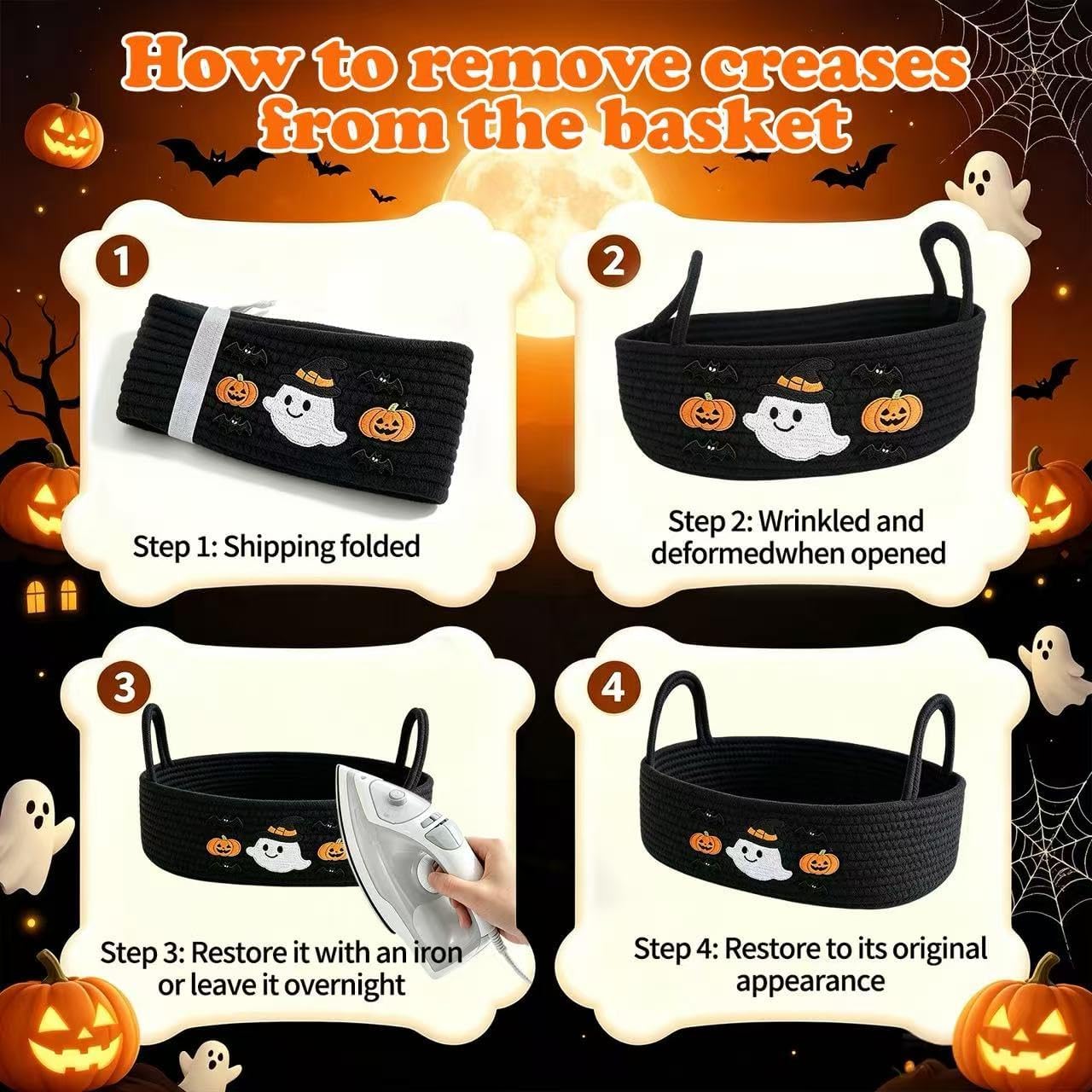 Cute Halloween Ghost & Pumpkin Woven Storage Basket, Black