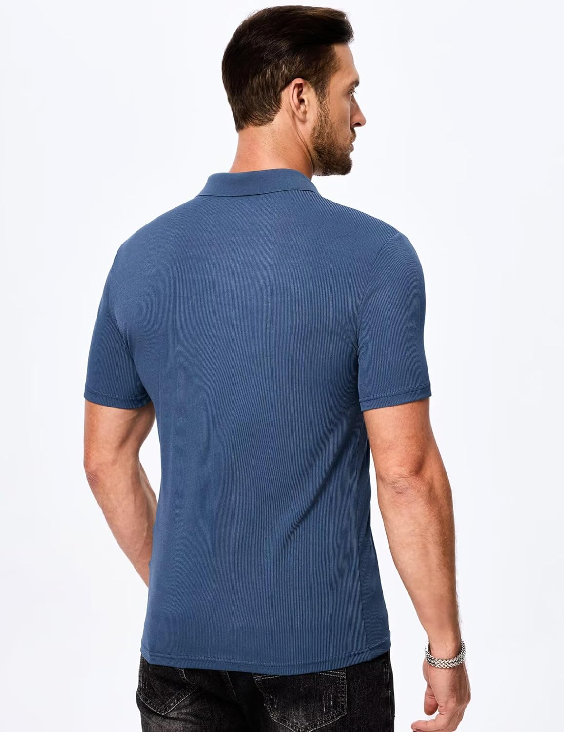 Mens Polo Shirts Short Sleeve V Neck Summer Polo T Shirts Casual Slim Fit Ribbed Textured Golf Shirts - Image 3