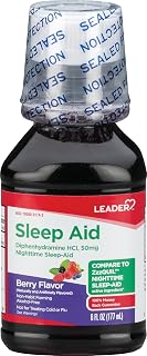 Leader Sleep Aid, Nighttime Sleep Aid Liquid, 50 mg Diphenhydramine HCl, Fall Asleep Fast, Non-Habit Forming, Berry Flavor, 6 FL OZ (Compares to VicksZzzQuil)