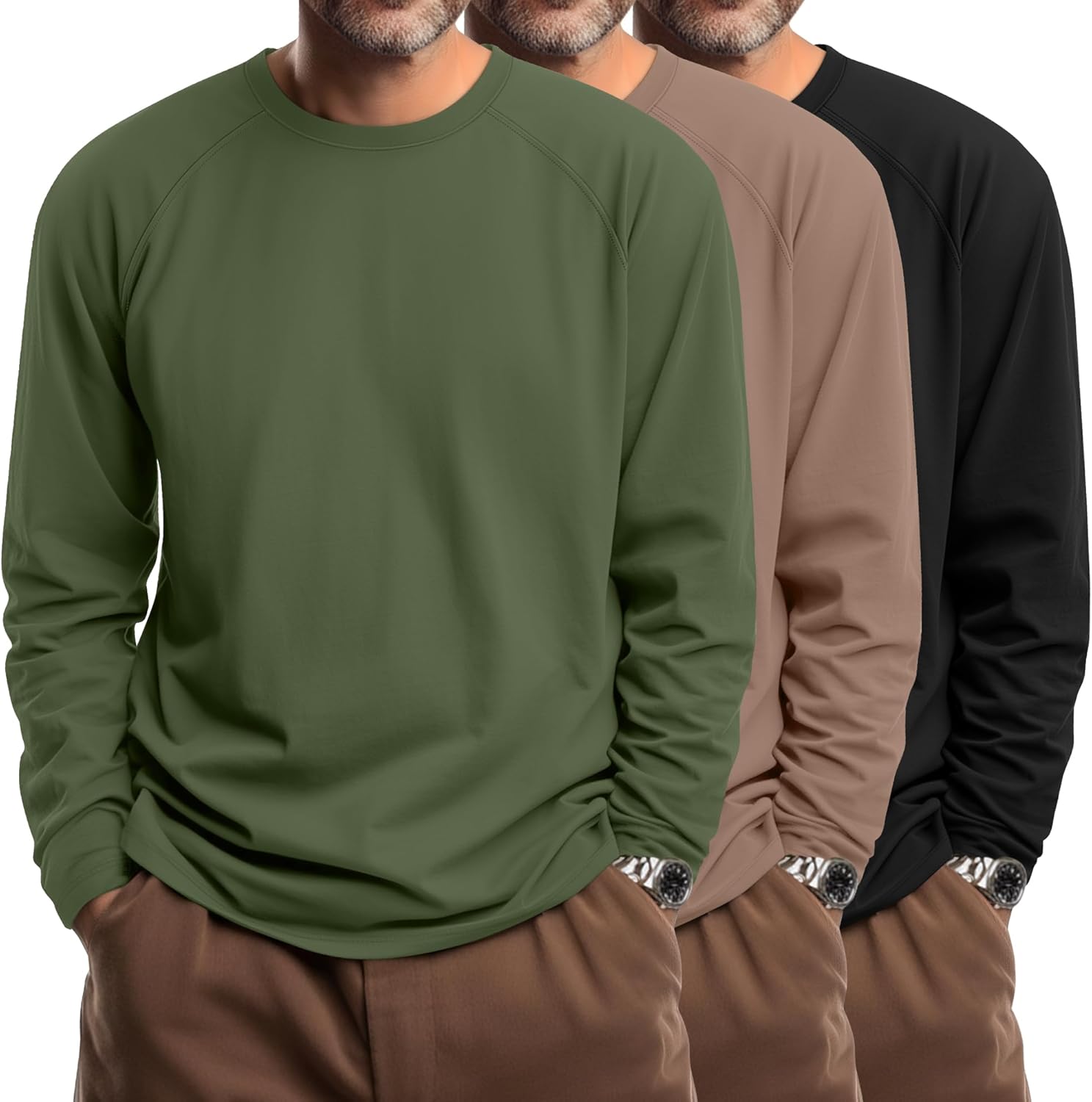 Riyiper 3 Pack Mens Big and Tall Shirts Long Sleeve Crewneck Tops Plus Size Casual Oversized Basic Tee Shirts