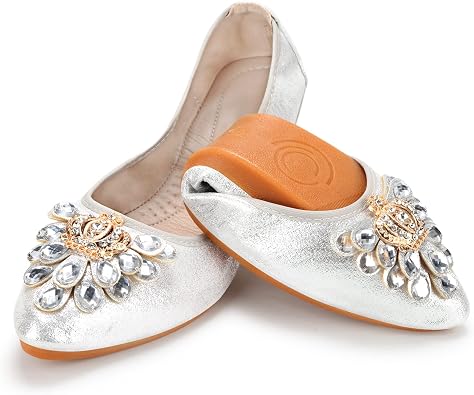 KUNWFNIX Womens Ballet Flats Foldable Classic Crown Rhinestone Slip On Bowknot PU Leather Faux Suede Pointed Toe Comfort Flat Casual Dress Shoes