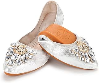 Women's Ballet Flats Foldable Classic Crown Rhinestone Slip On Flowers PU Leather Pointed Toe Comfort Flat Casual Dress Shoes